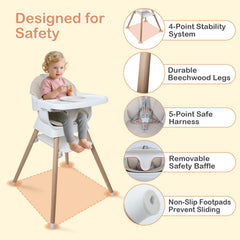 Kisuplus 5-point harness secures a toddler during feeding and play