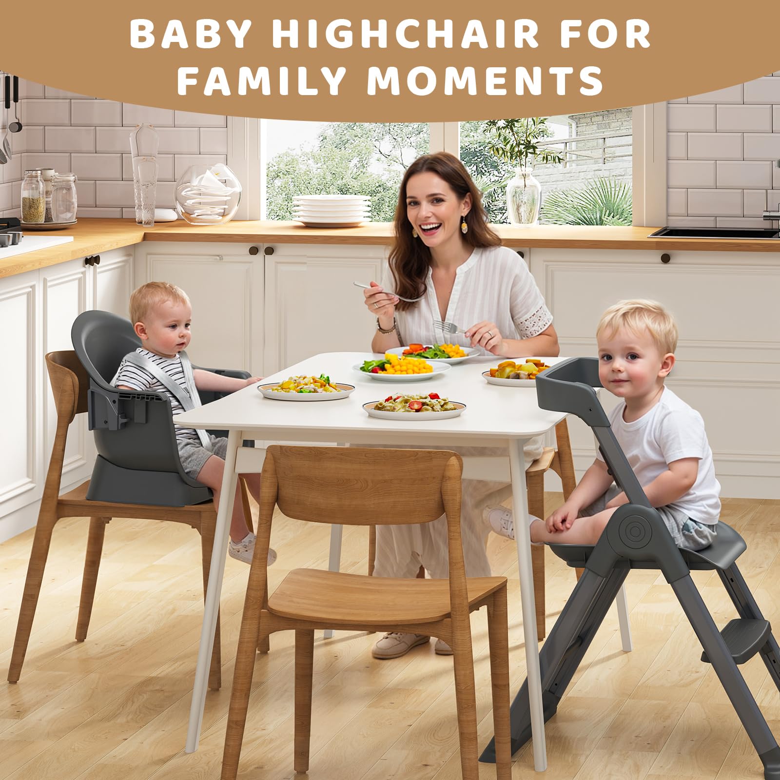 Kisuplus 6-in-1 high chair folded compactly for small-space storage.