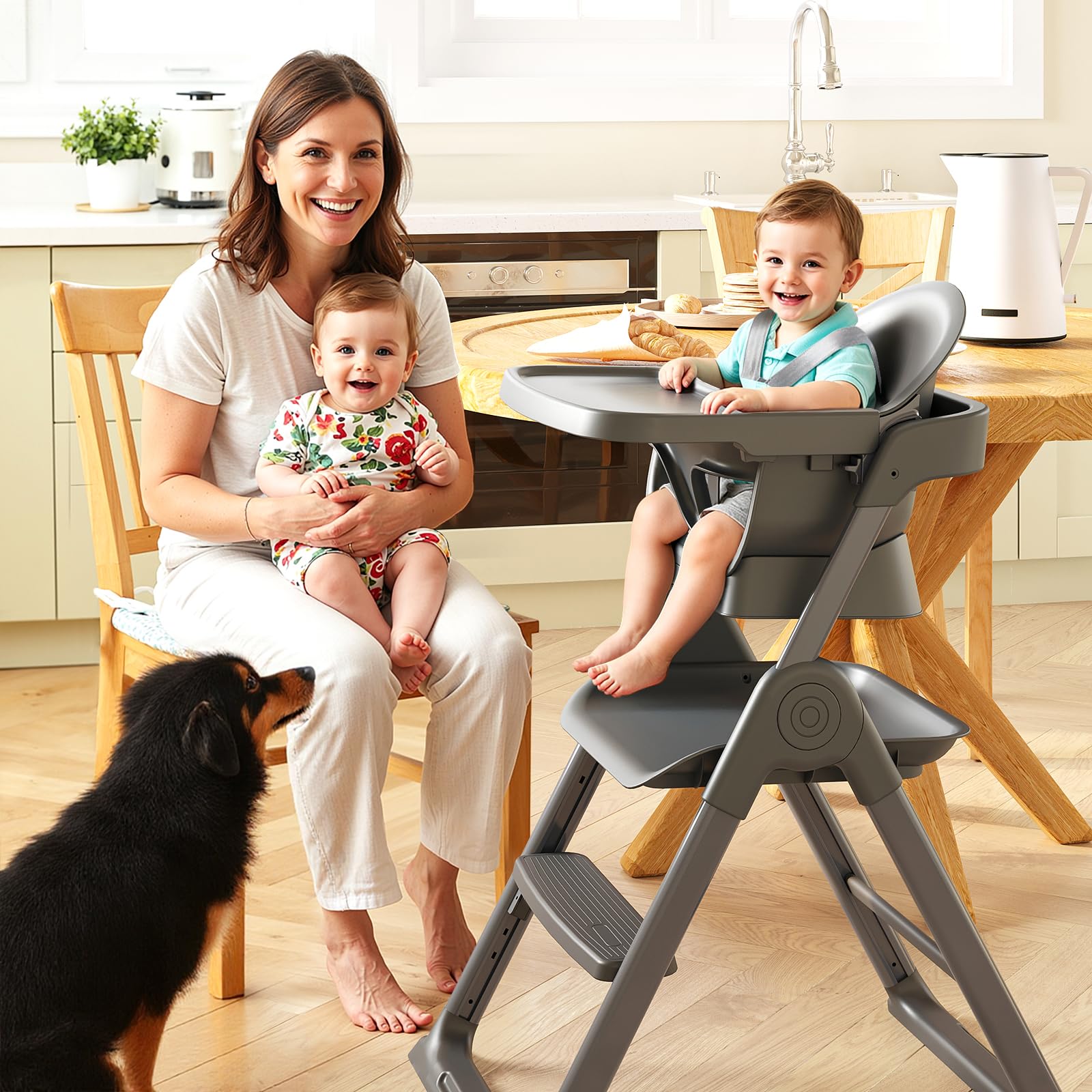 Kisuplus 6-in-1 toddler booster shows adjustable tray and ample legroom.