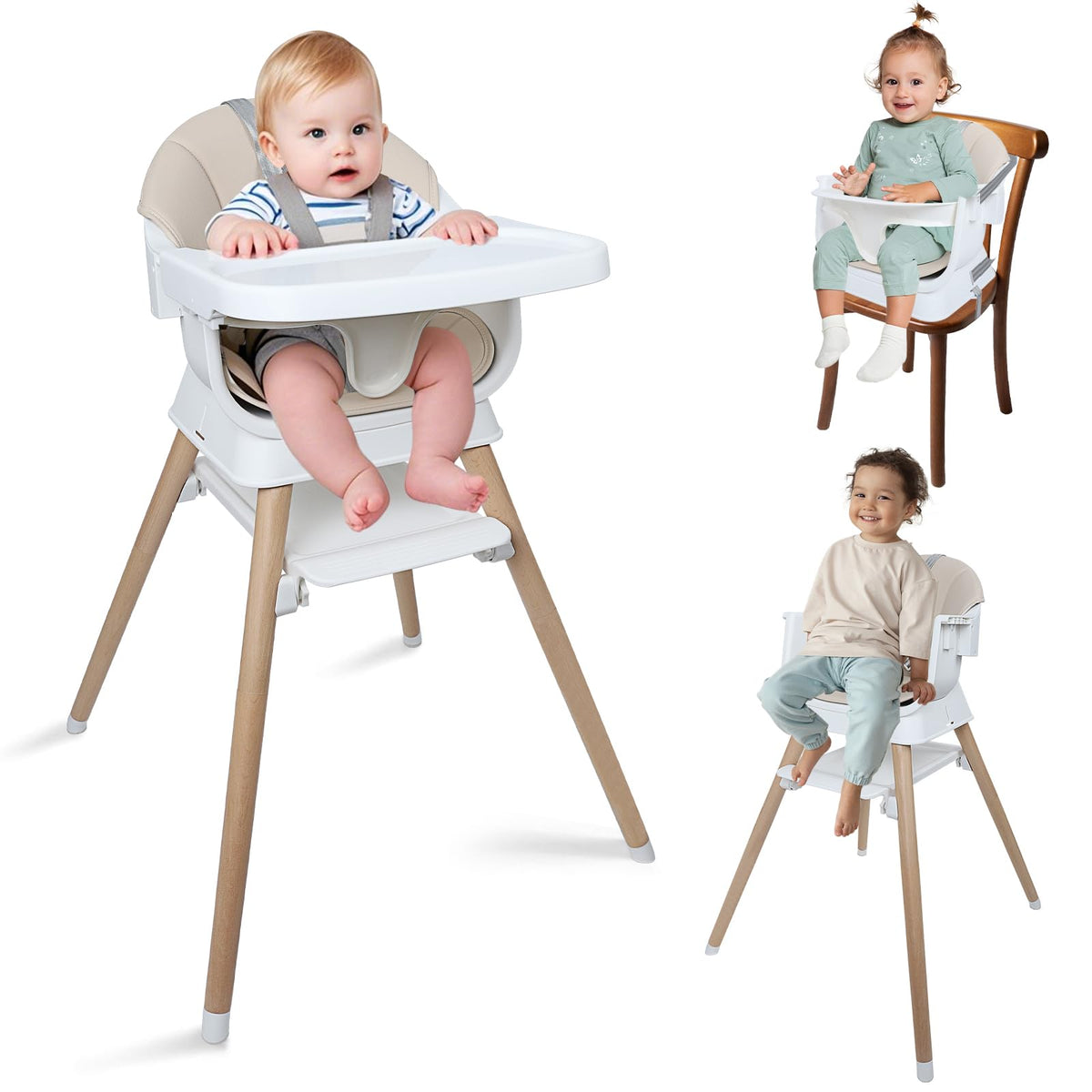 Kisuplus 9-in-1 high chair beige cushion close-up highlighting washable PU cover for easy cleaning