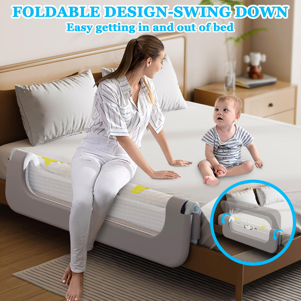 Kitiver bed guard rail with swing-down design for quick bedtime entry