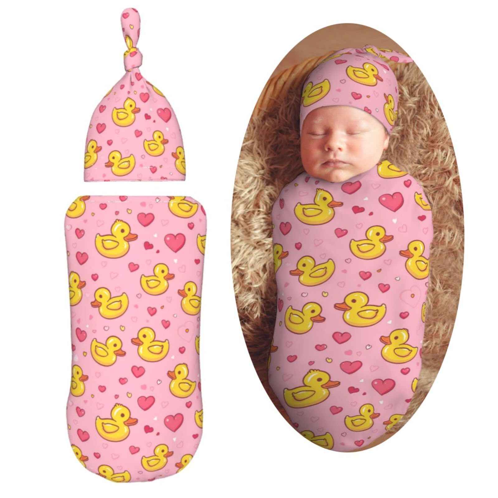 KiuLoam pink yellow heart duck swaddle set for soothing newborn sleep.