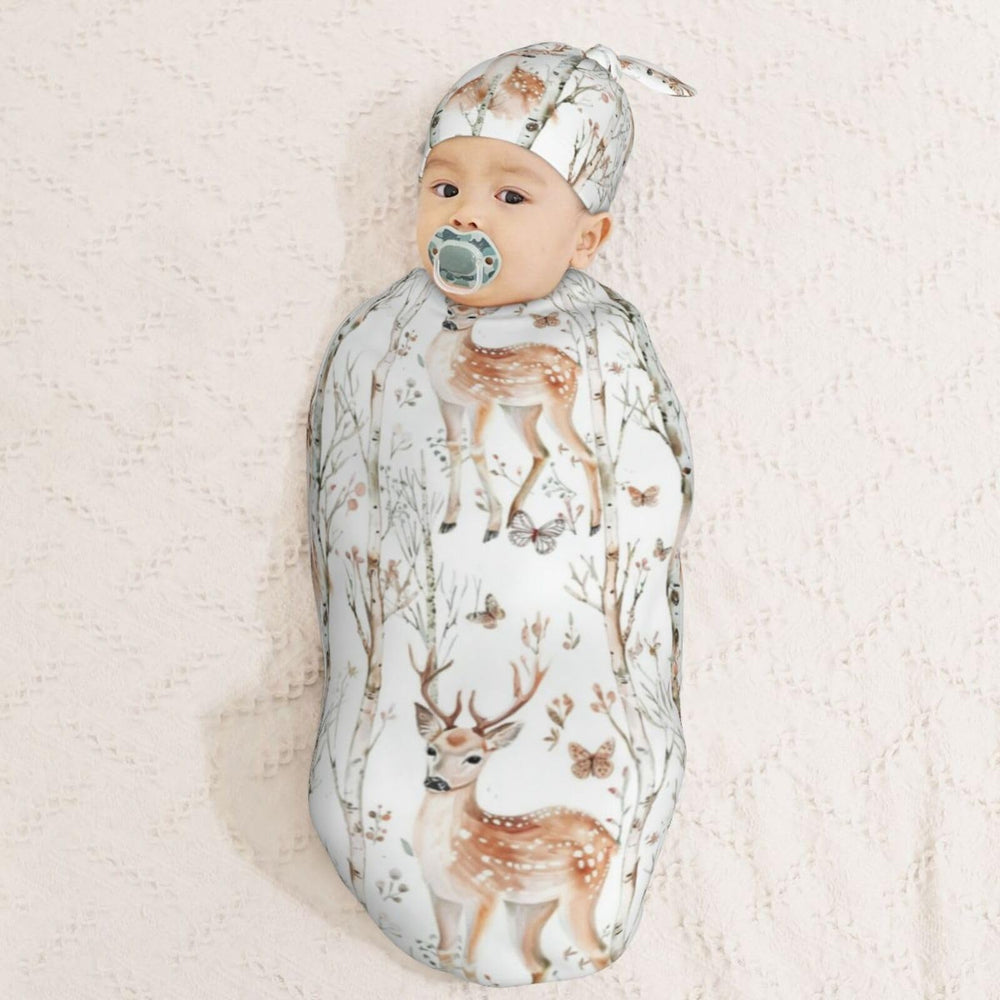 Kiuloam swaddle set with beanie demonstrates adjustable knot for secure, comfortable wear.