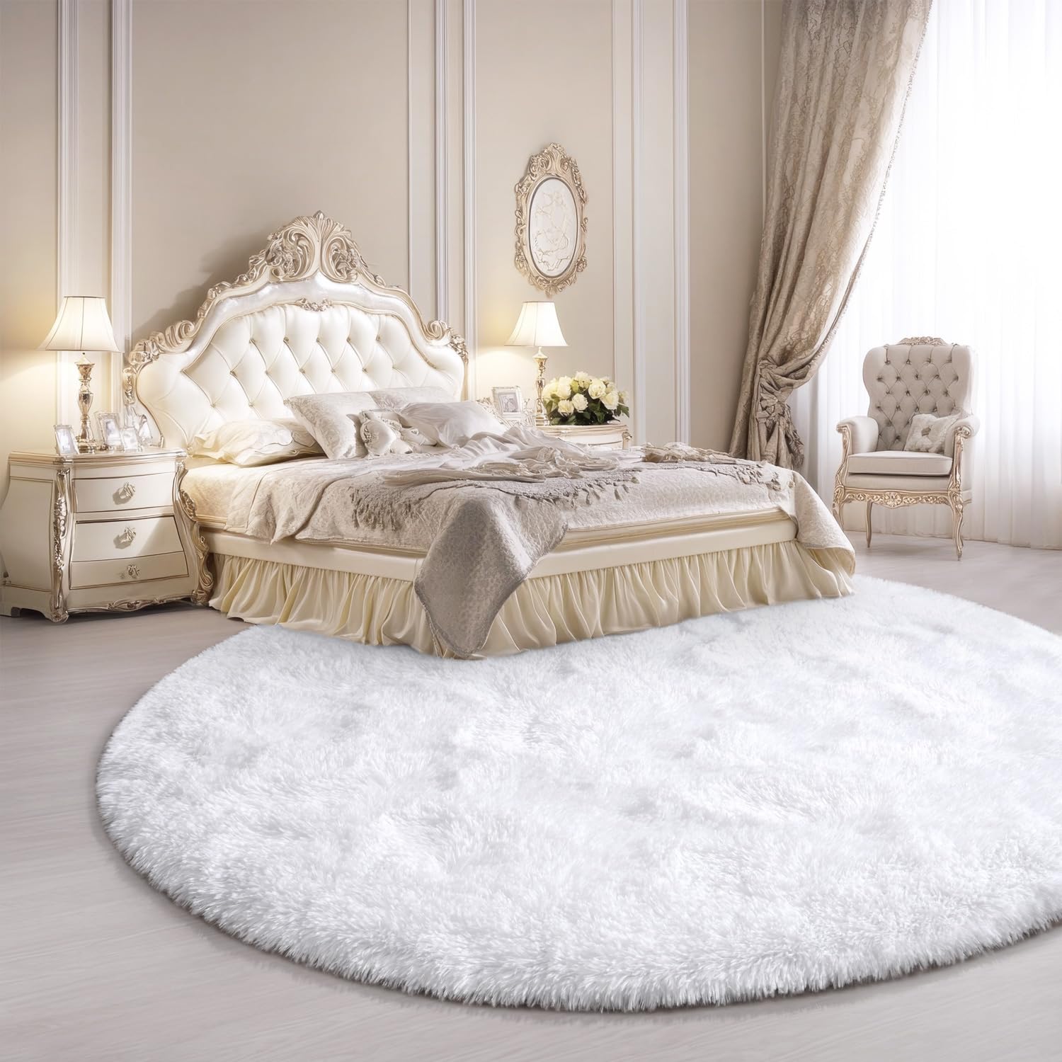 KIXINWA hexagonal design round rug in white adds modern style.