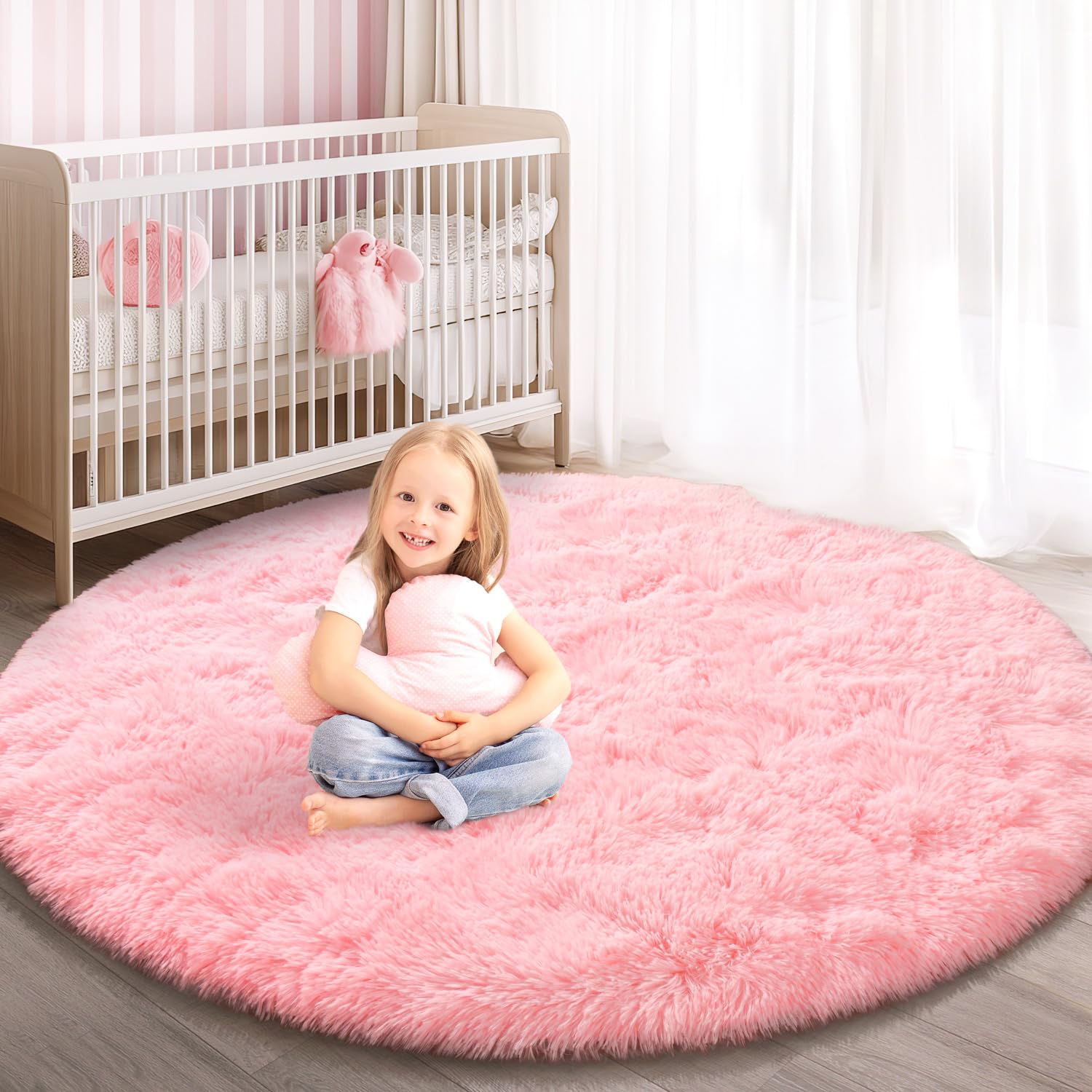 KIXINWA Round Rug pink soft surface provides gentle cushion for kids' play