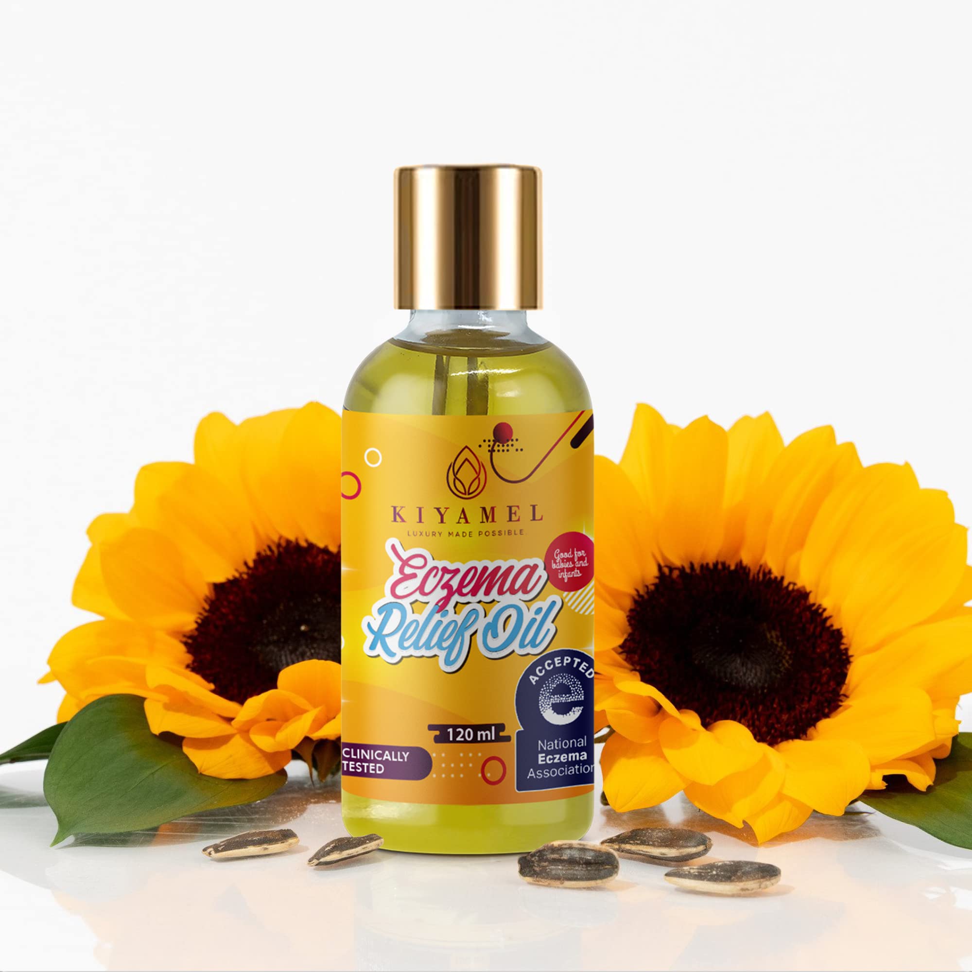 KIYAMEL Moisturizing Eczema Relief Baby Oil bottle demonstrates gentle, natural hydration for delicate skin.