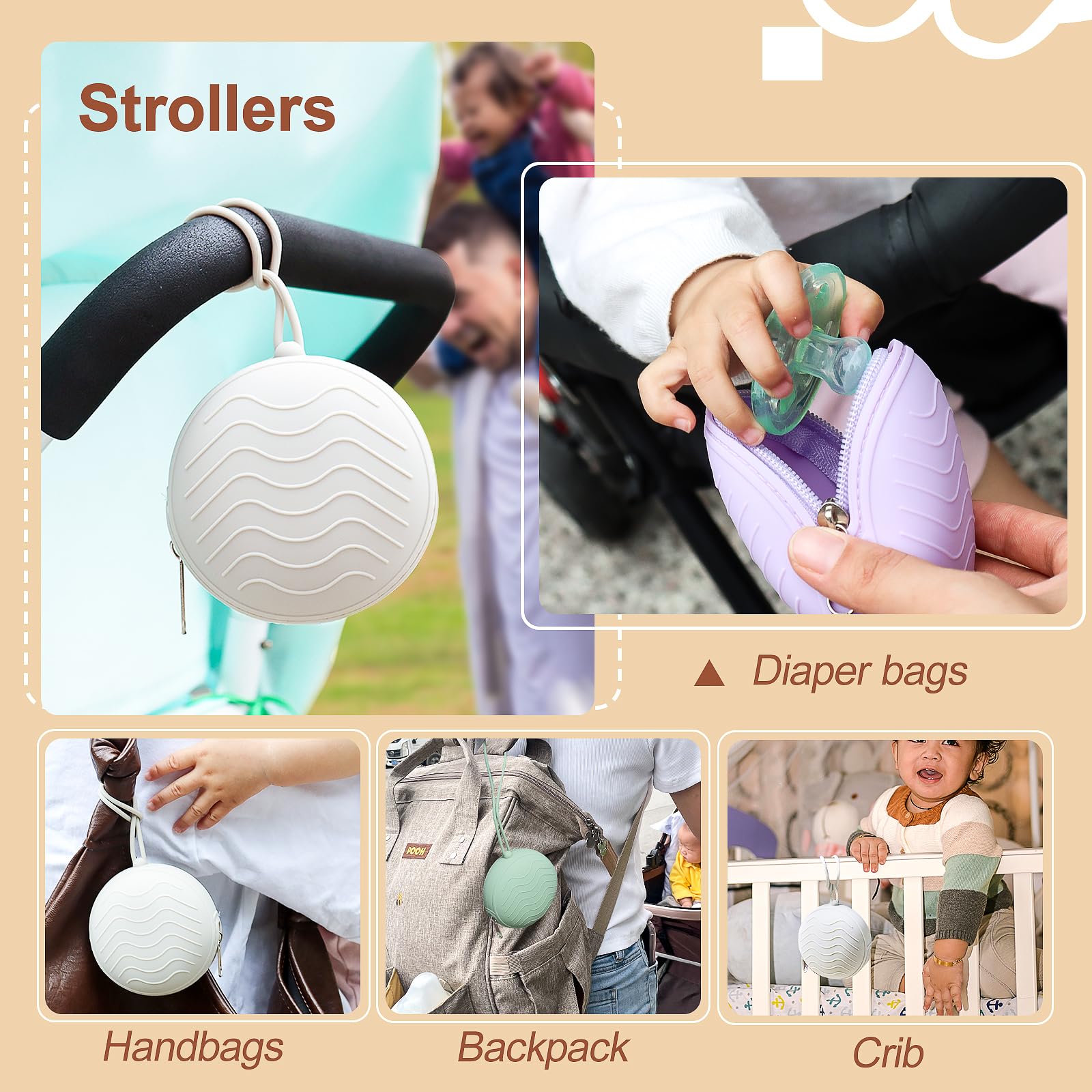 KIYEUKB pacifier holder gray close-up shows dishwasher-safe silicone.