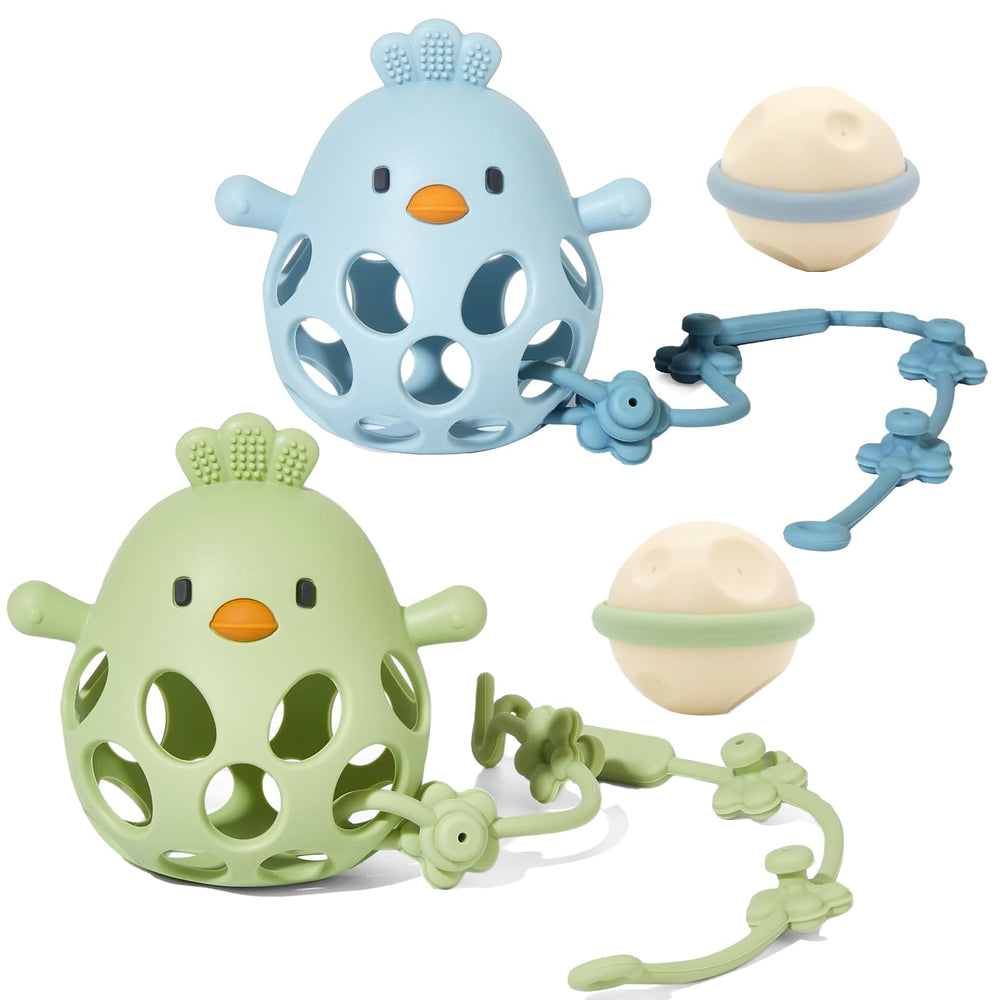 Kizadee hollow-chicken teether in blue-green soothes babies' gums with gentle silicone texture.