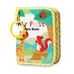 Kizh baby photo album with mirror for newborns, animals on land theme, promotes interactive play and memory keeping.