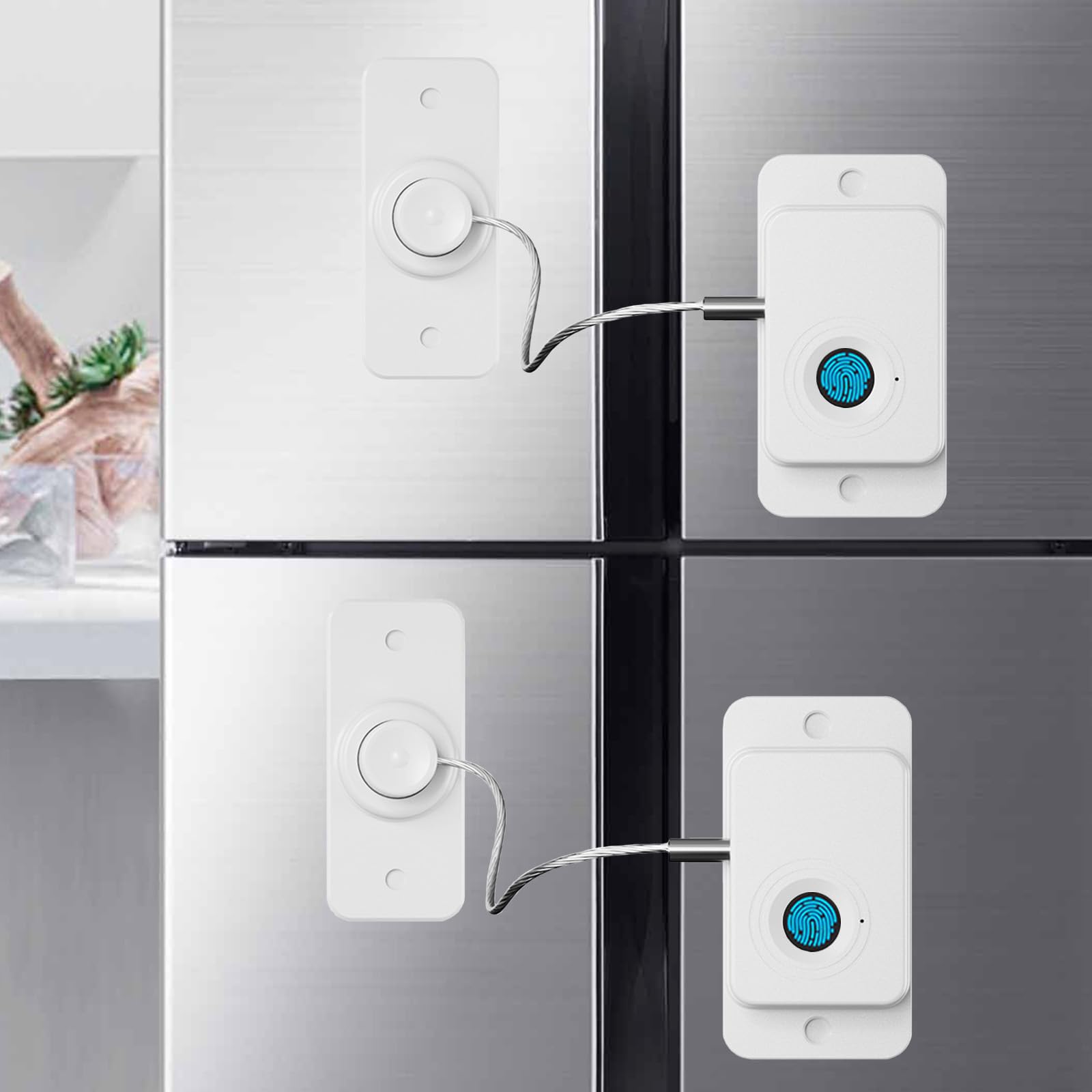 KIZZHISI fingerprint fridge lock pack installed on fridge door for quick childproofing.