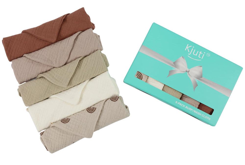 Kjuti earthy-toned muslin cloth serves as washcloth.