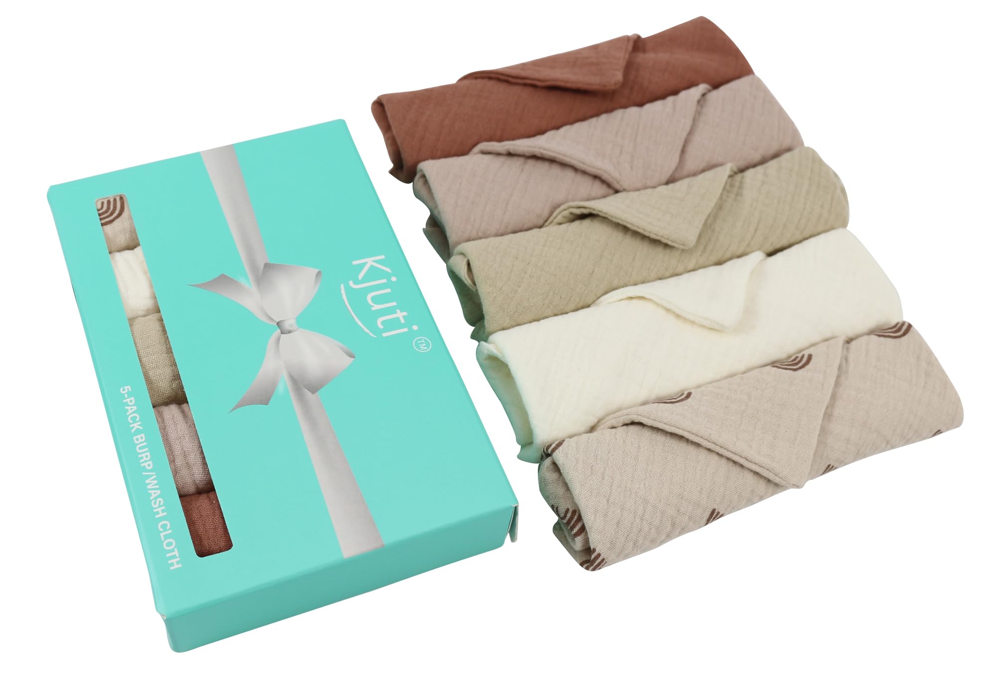Kjuti gift-ready burp cloth in soothing earthy colors.