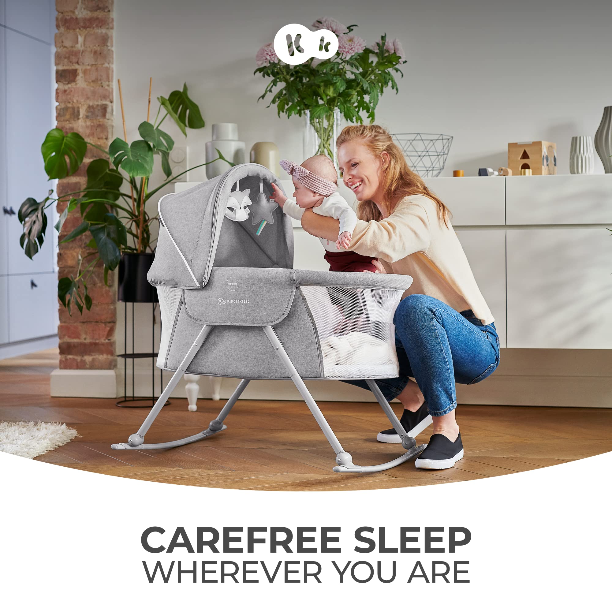 Kinderkraft LOVI folded travel bed ready for compact storage while traveling.
