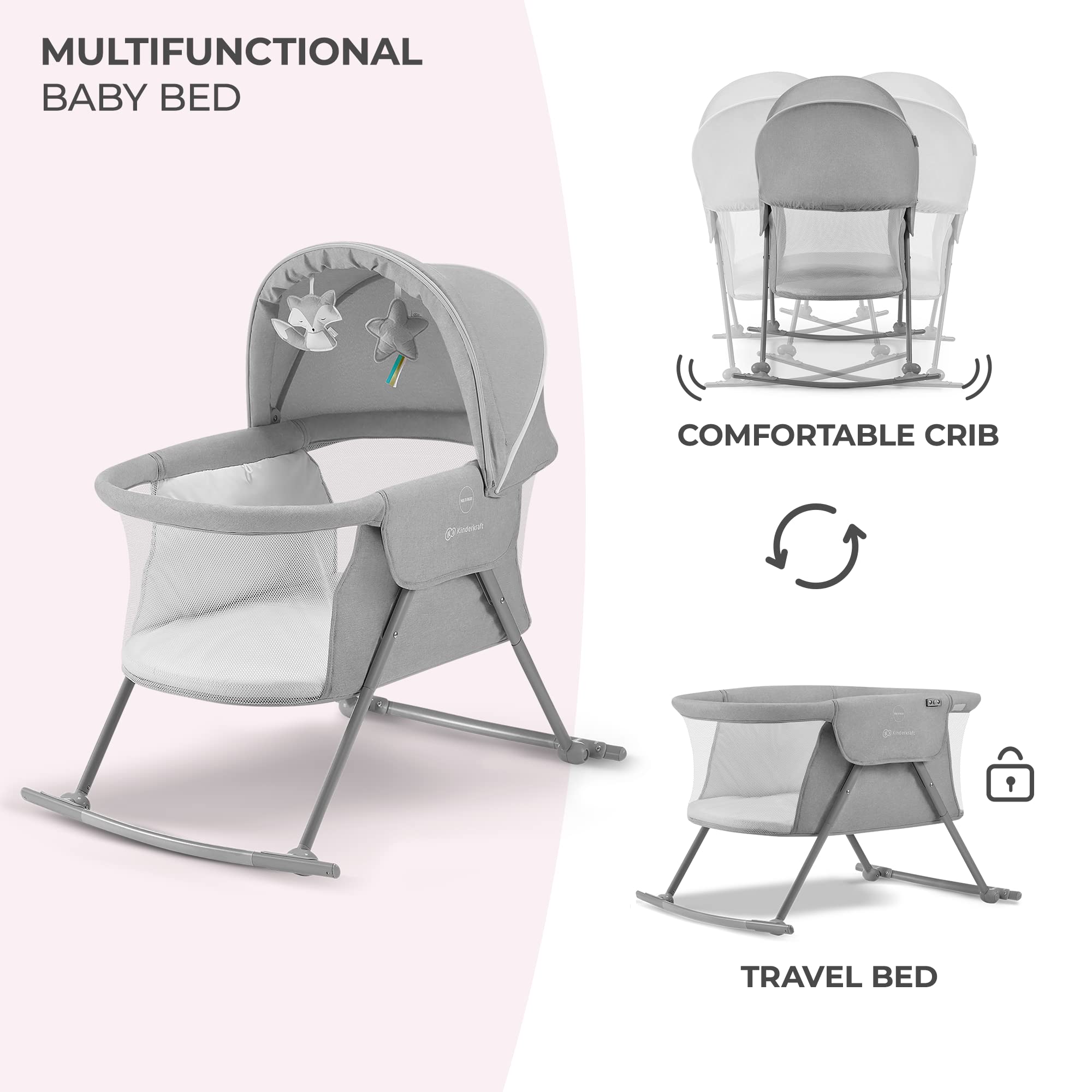 Kinderkraft LOVI adjustable hood provides shade during daytime naps.