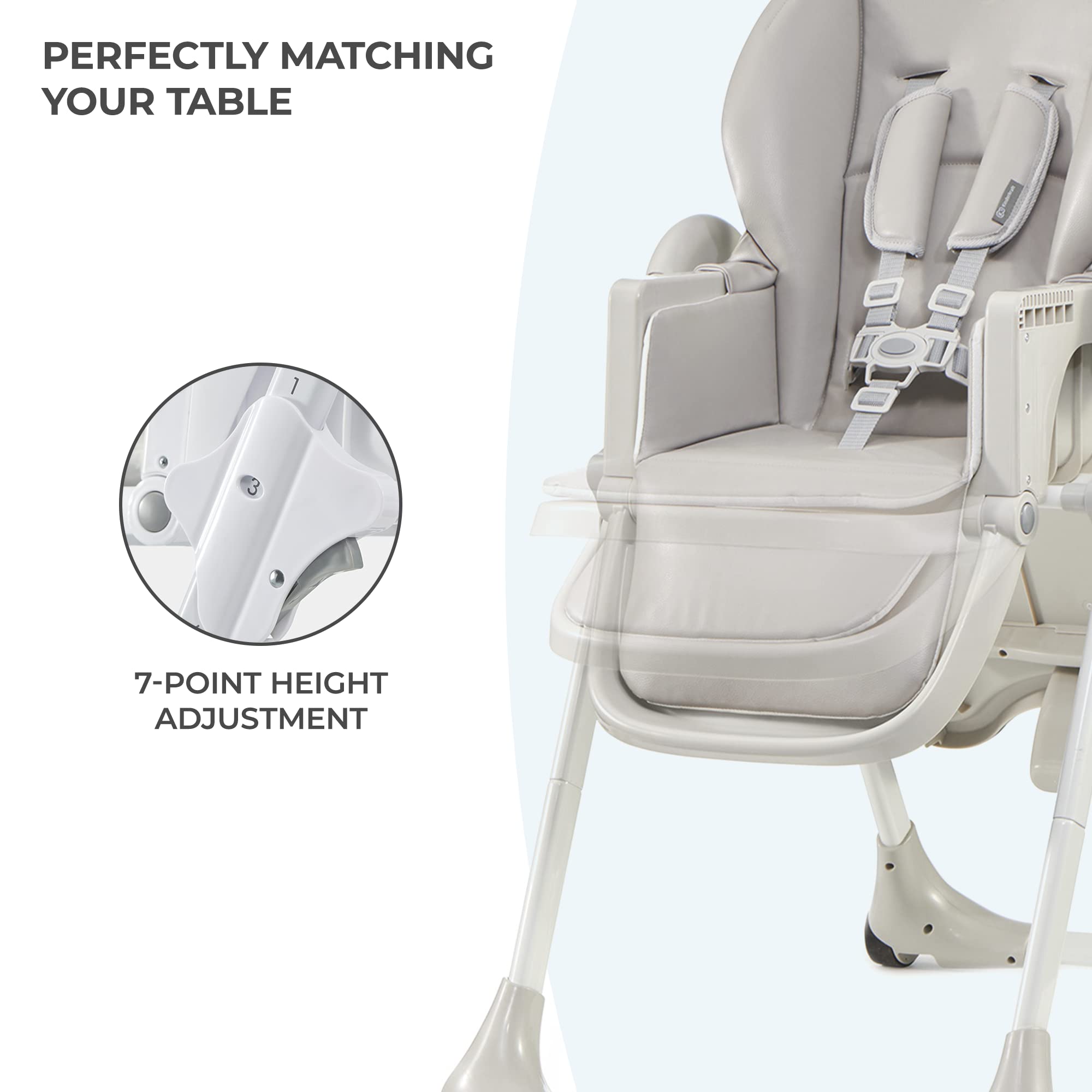 Kinderkraft Yummy highchair five-point harness keeps child secure during meals