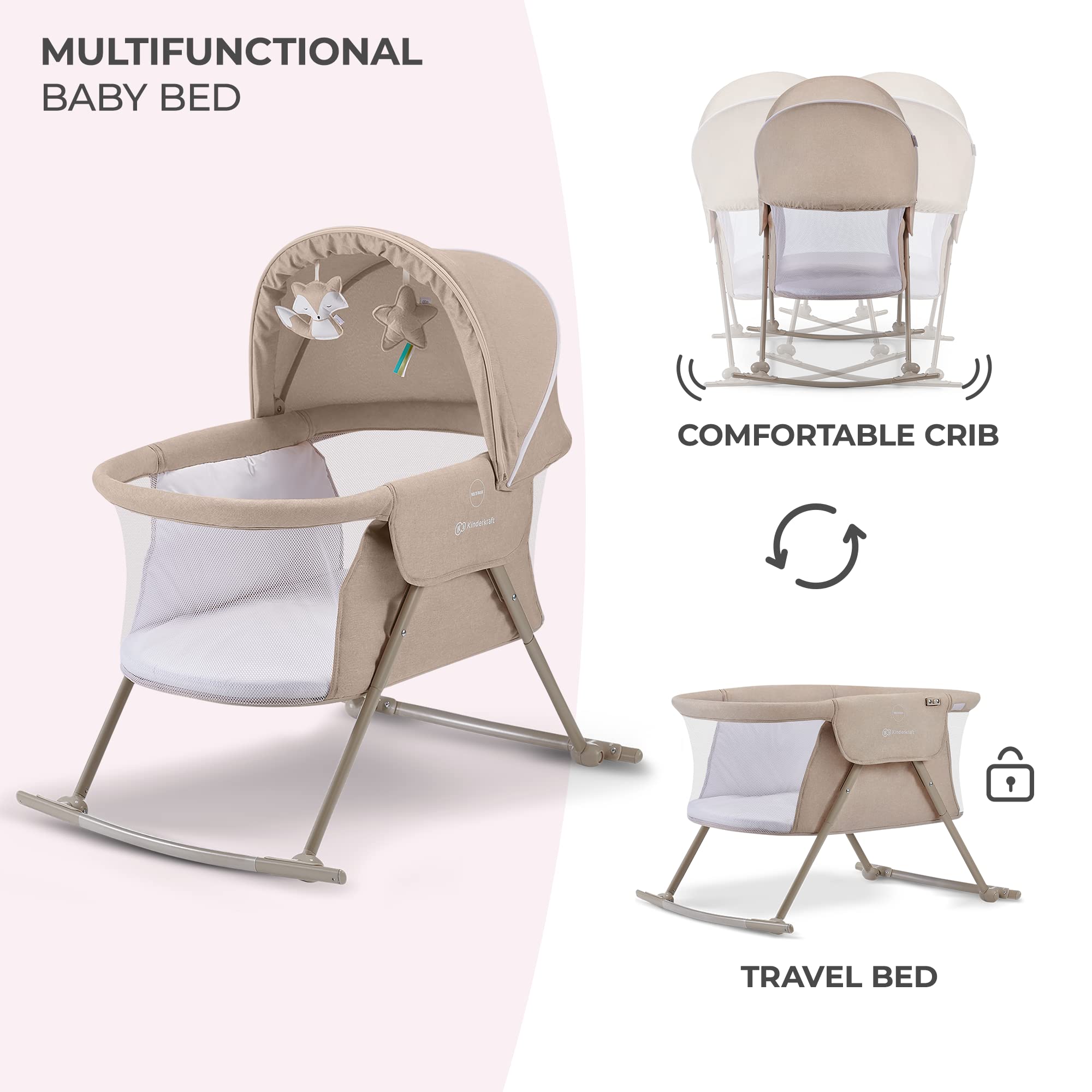 kk Kindkraft LOVI adjustable hood provides shade during naps.