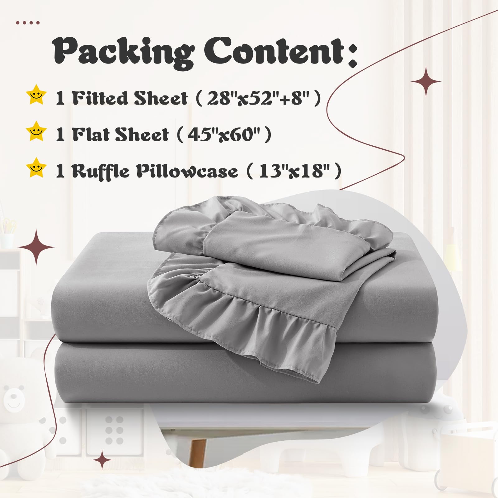 KKJIAF toddler sheet set fitted sheet grey with secure elastic for snug fit