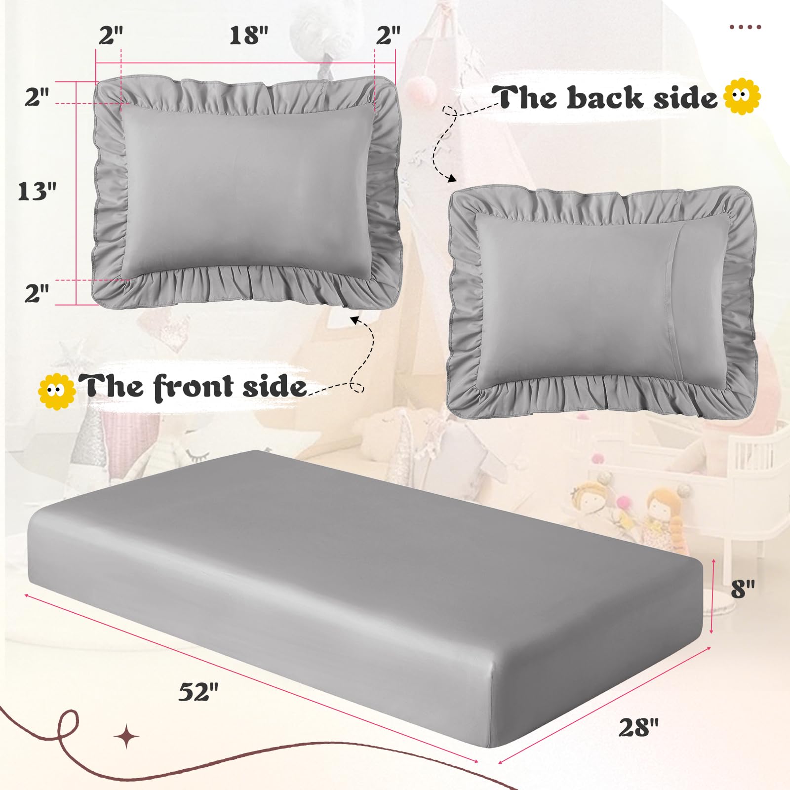 KKJIAF packaging shows flat, fitted, and pillow sham included