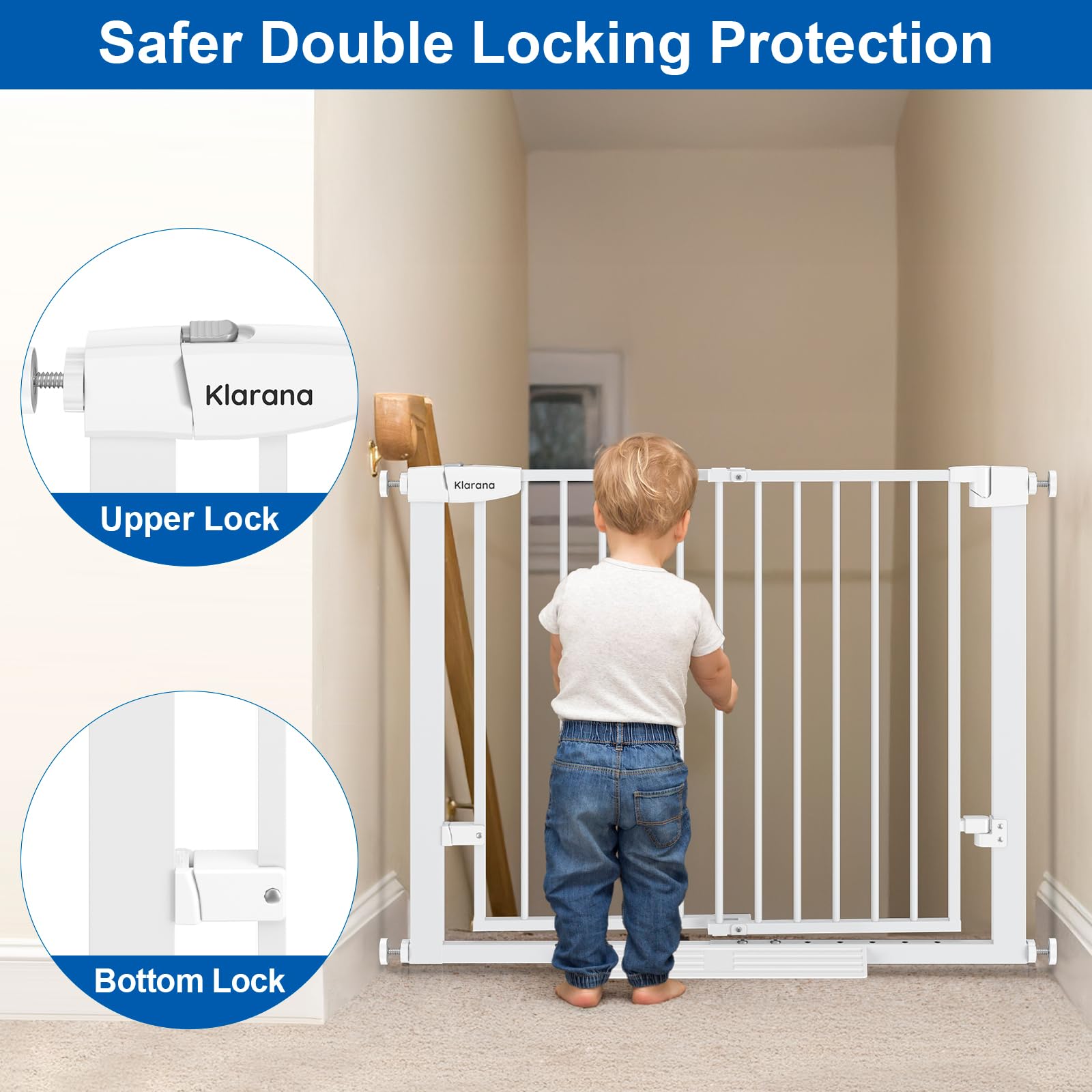 Klarana auto-close feature gently seals gate when angles fall below 90 degrees.