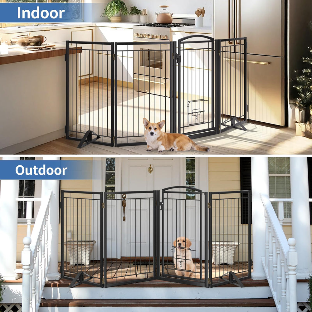 Klarana black metal dog gate packaging-stowage image suggests easy storage when not in use.