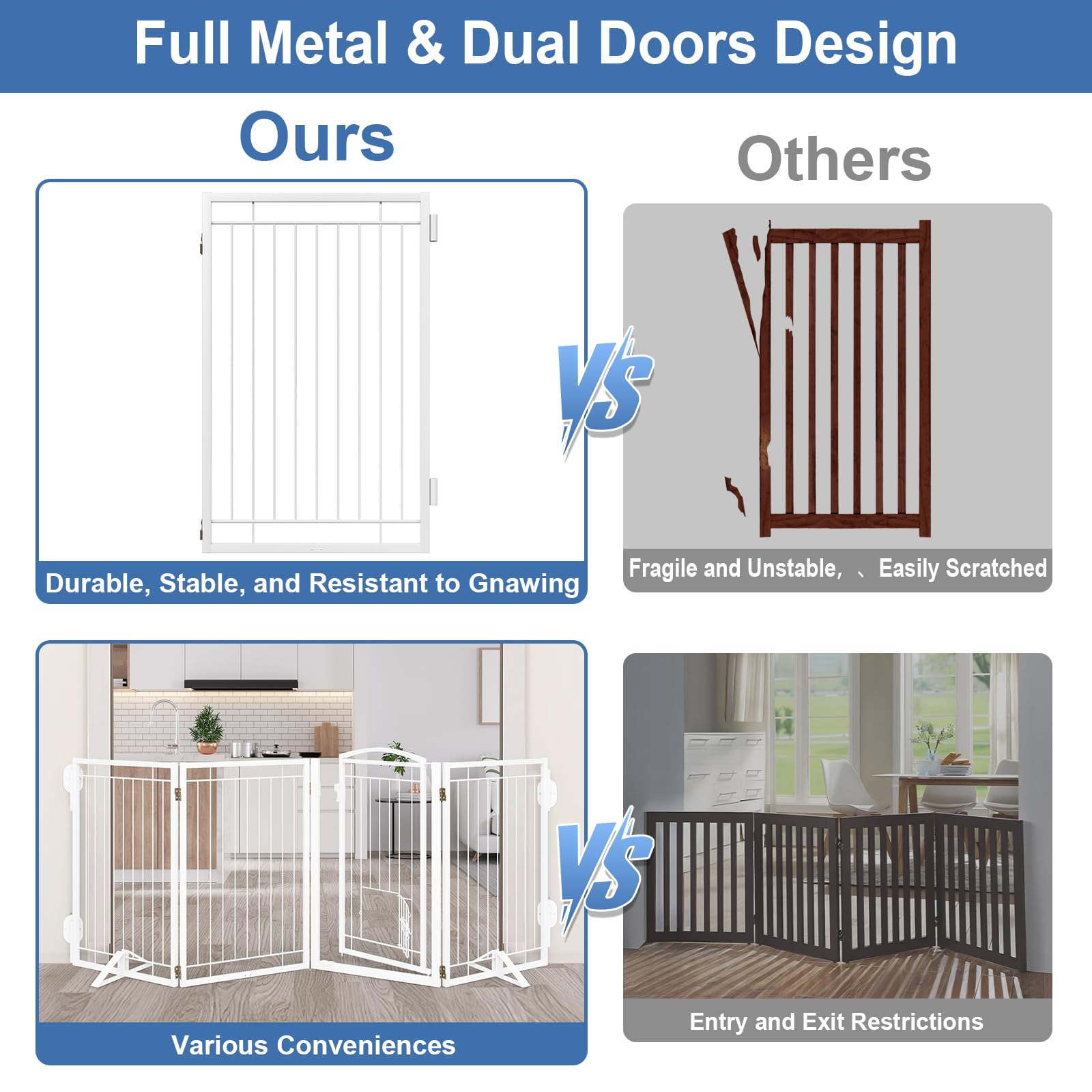 Klarana dog gate free-standing with cage-assembly option offers portable, wall-safe barrier versatility.