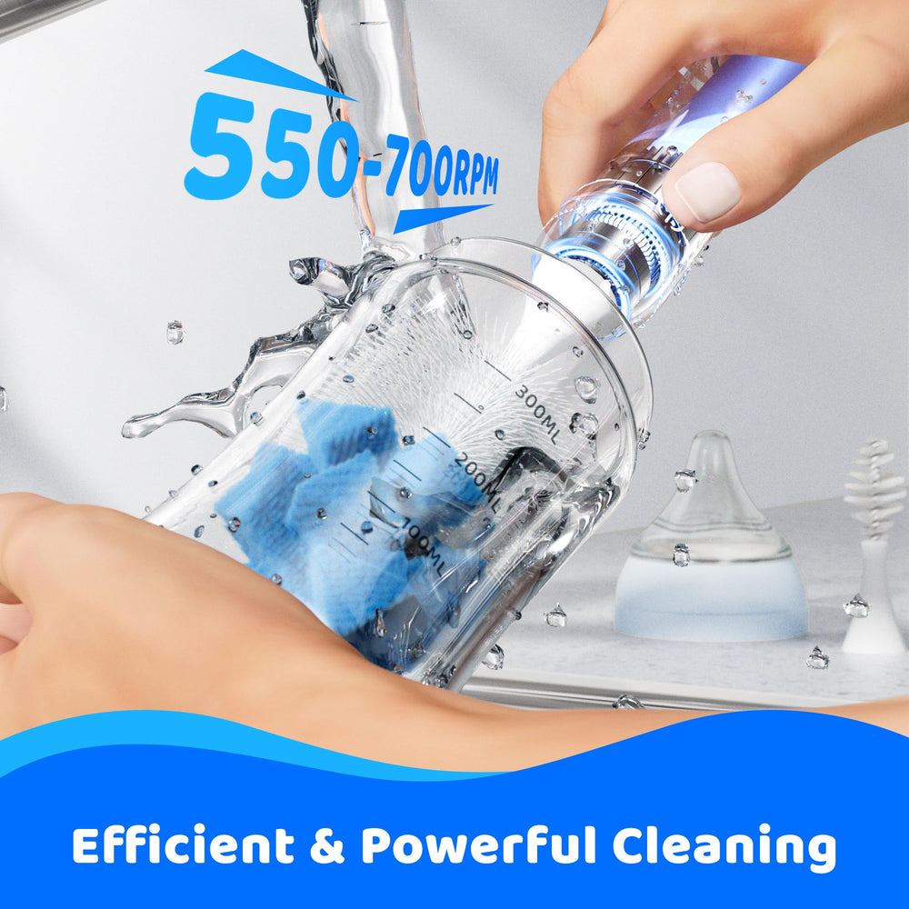 Klarpul electric bottle brush blue rotating-head demonstrates 360° cleaning for thorough coverage.