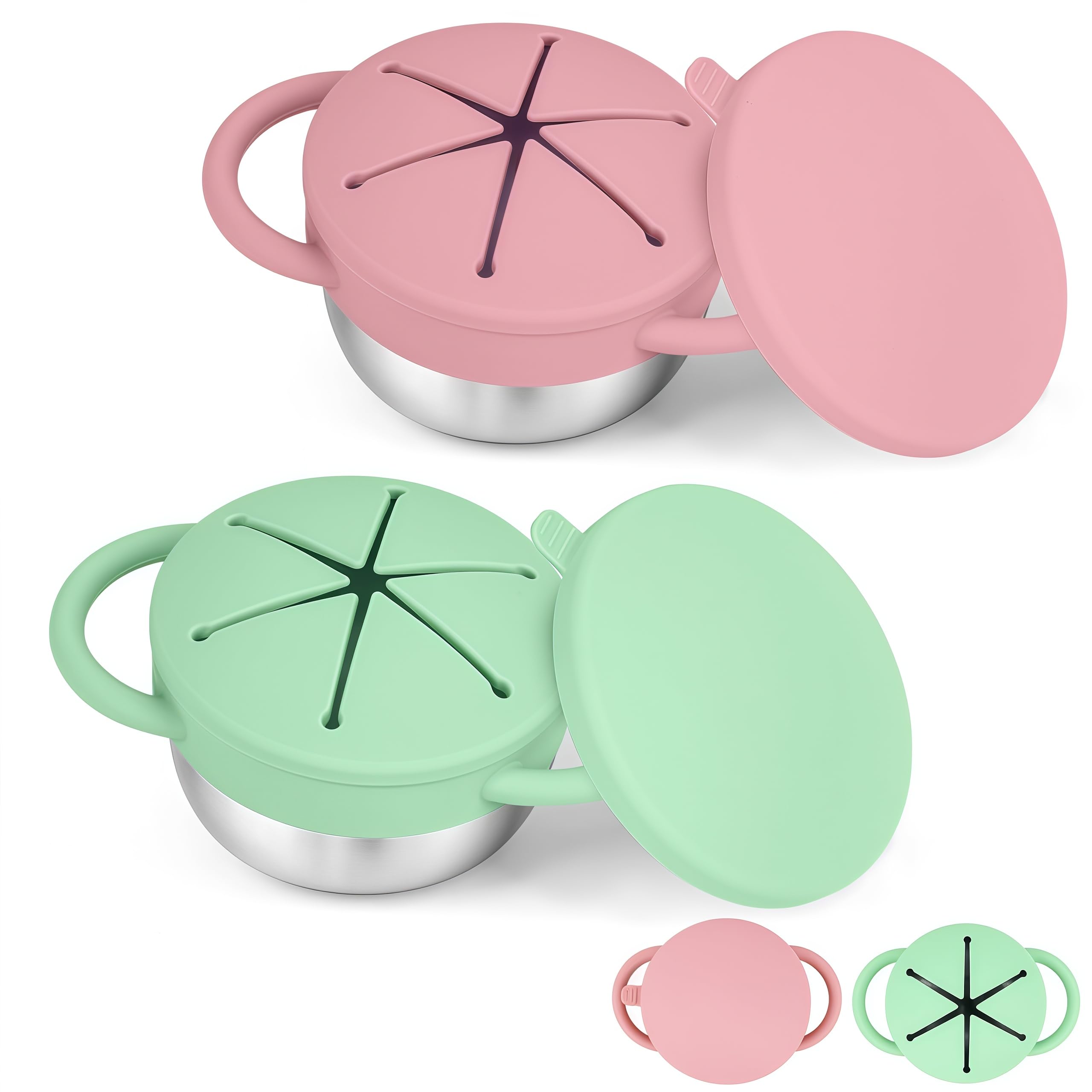 KLCKH 2-pack snack cups for toddlers with spill-proof design, ideal for travel and daycare.