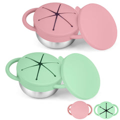KLCKH 2-pack snack cups for toddlers with spill-proof design, ideal for travel and daycare.