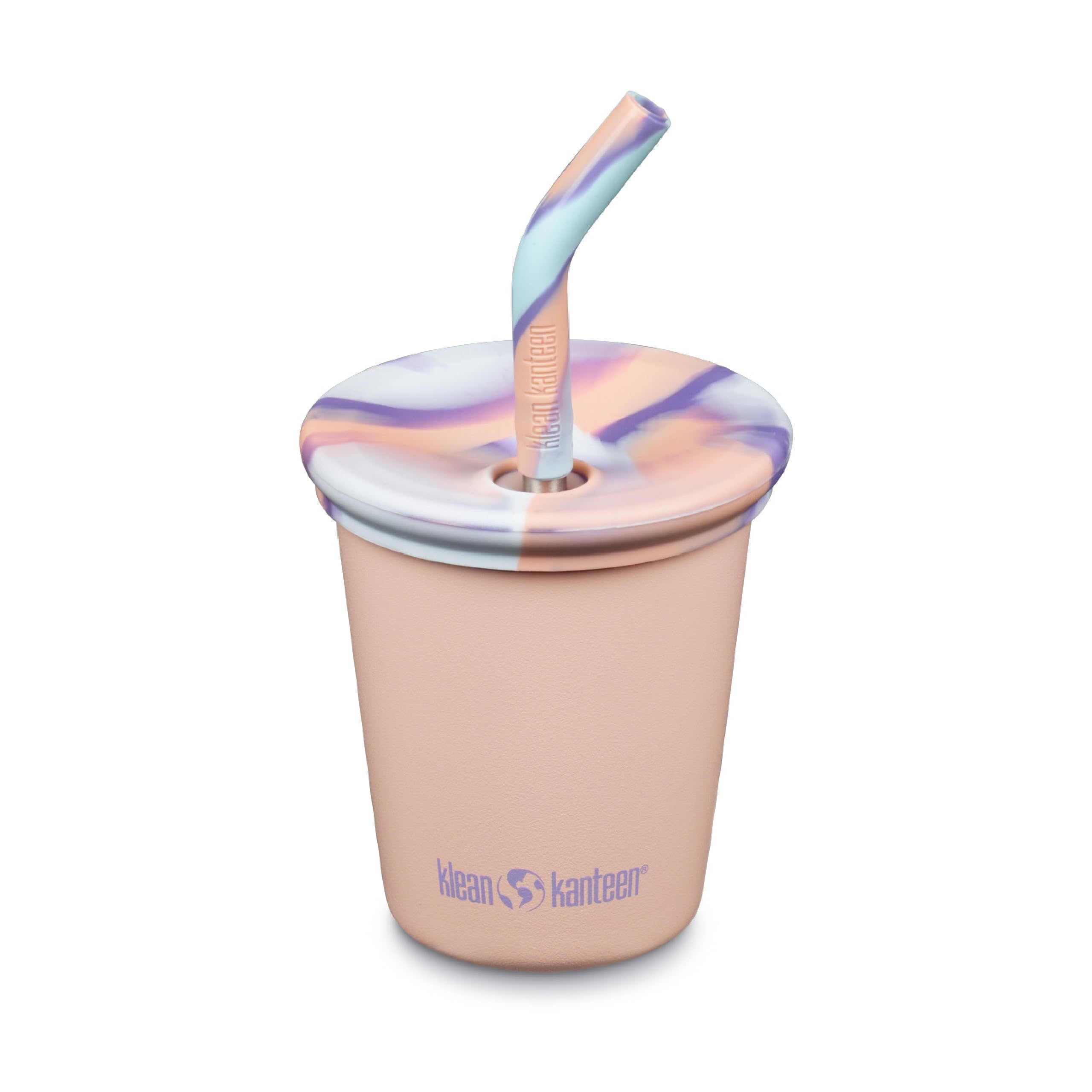 Klean Kanteen Kid's Cup Peach Parfait closeup shows durable recycled-steel construction