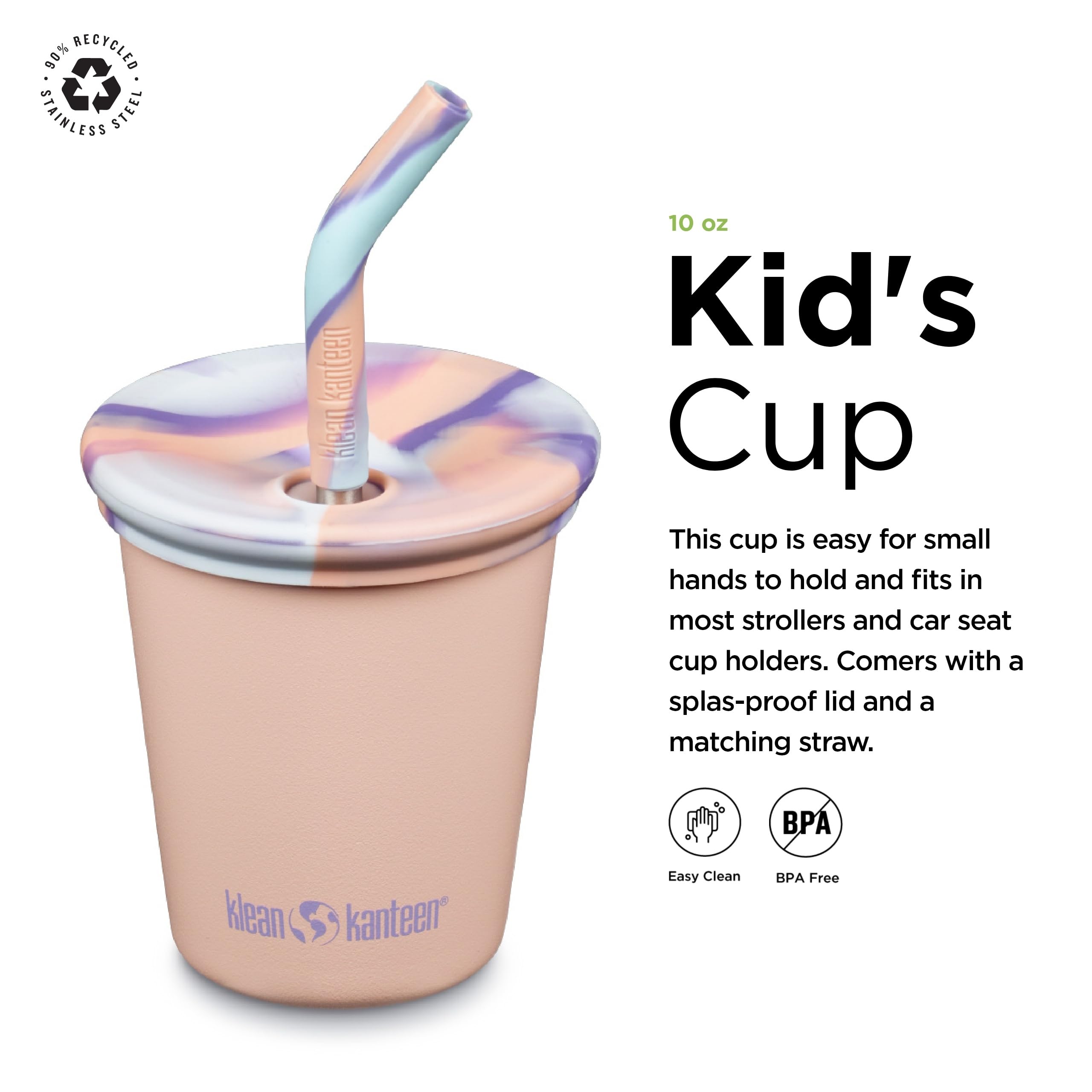 Klean Kanteen Kid's Cup Peach Parfait held by small hand demonstrates easy-grip design