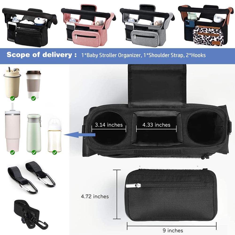 KLERICER adjustable strap enables shoulder carry or stroller attachment.