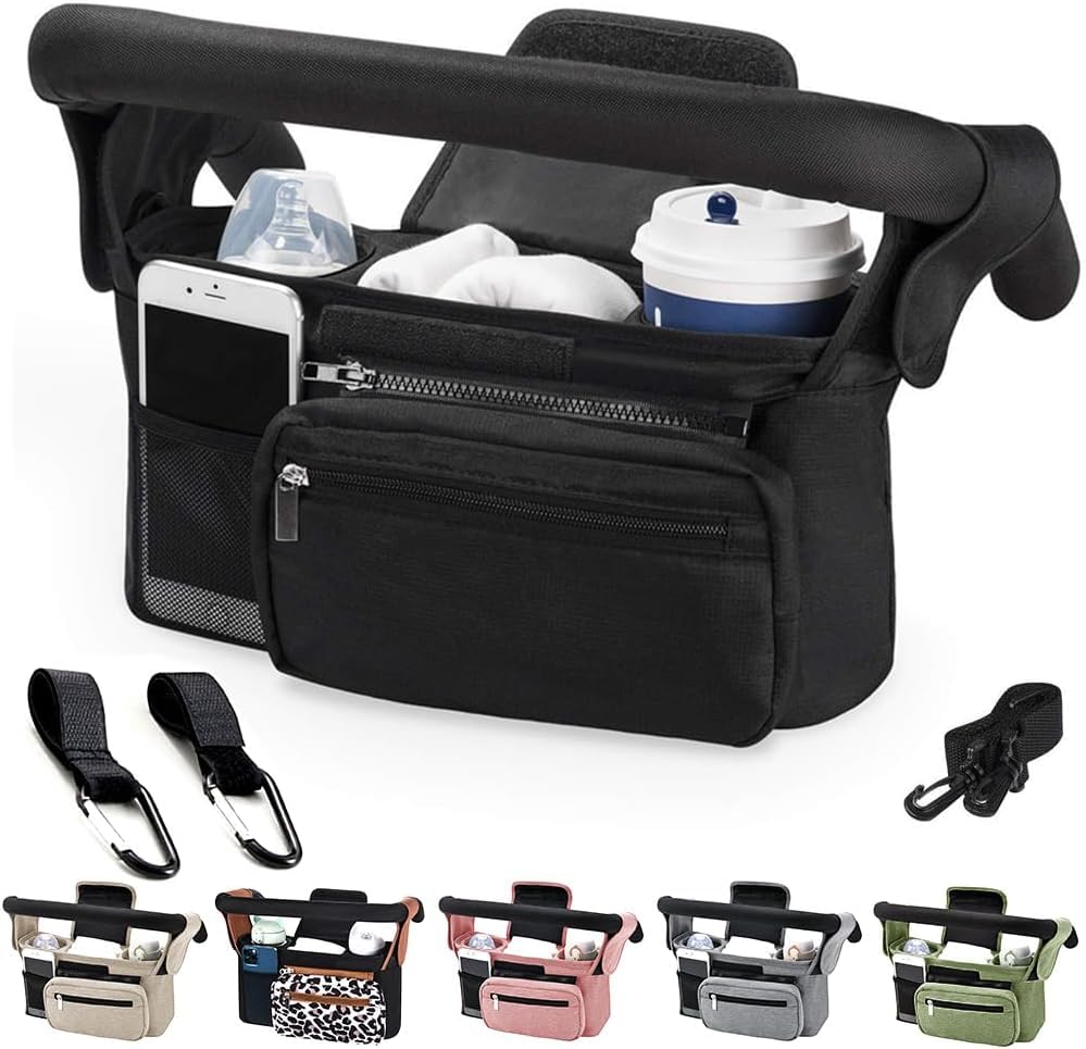 KLERICER baby stroller organizer front view showing wide pockets for essentials.