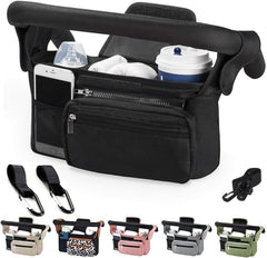 KLERICER baby stroller organizer front view showing wide pockets for essentials.