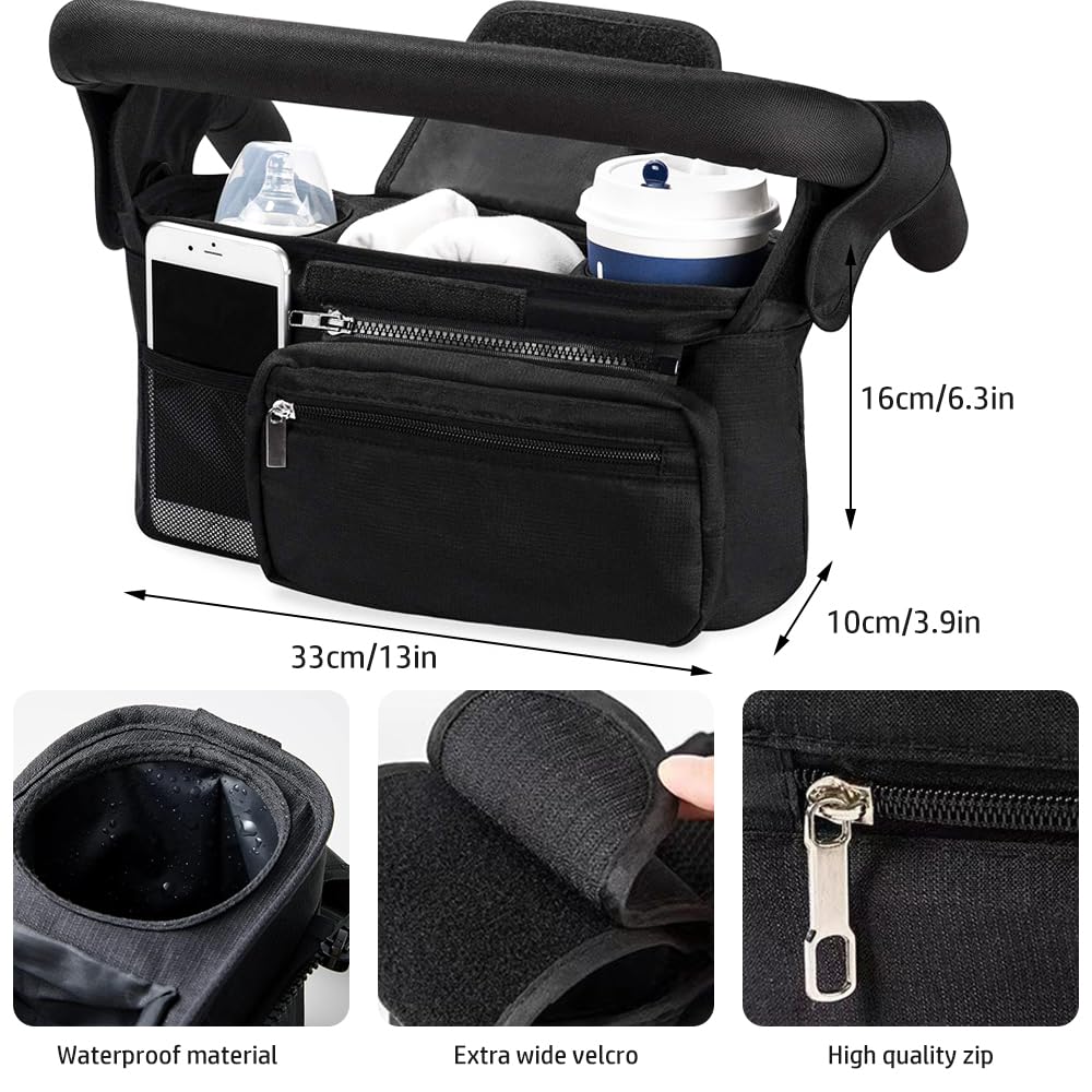 KLERICER stroller organizer in use on pram demonstrates practical hooks and storage.