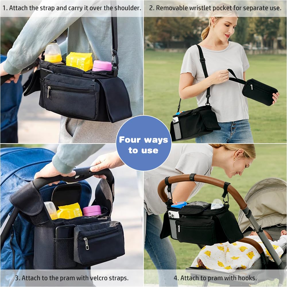 KLERICER stroller organizer side view highlighting capacity for nappies and wipes.
