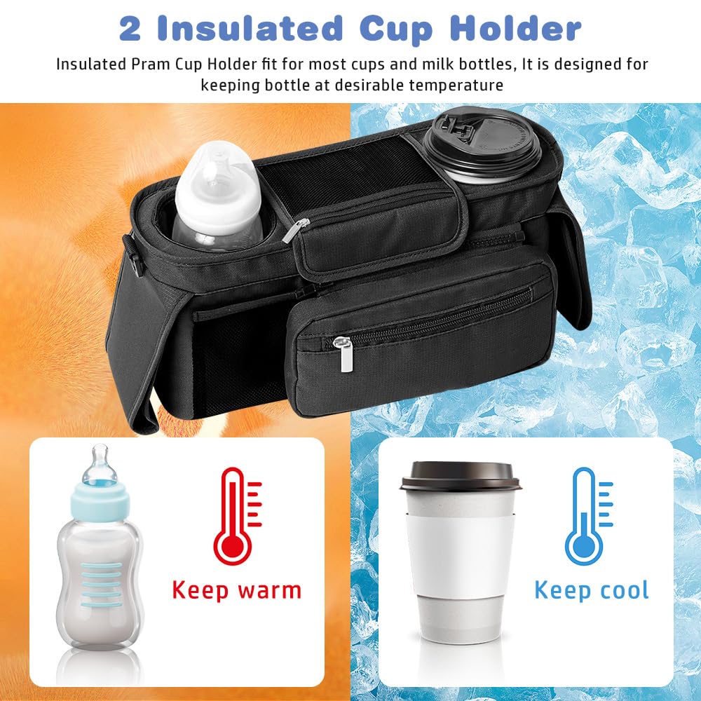 KLERICER stroller organizer interior zippered pocket secures nappies and wipes.