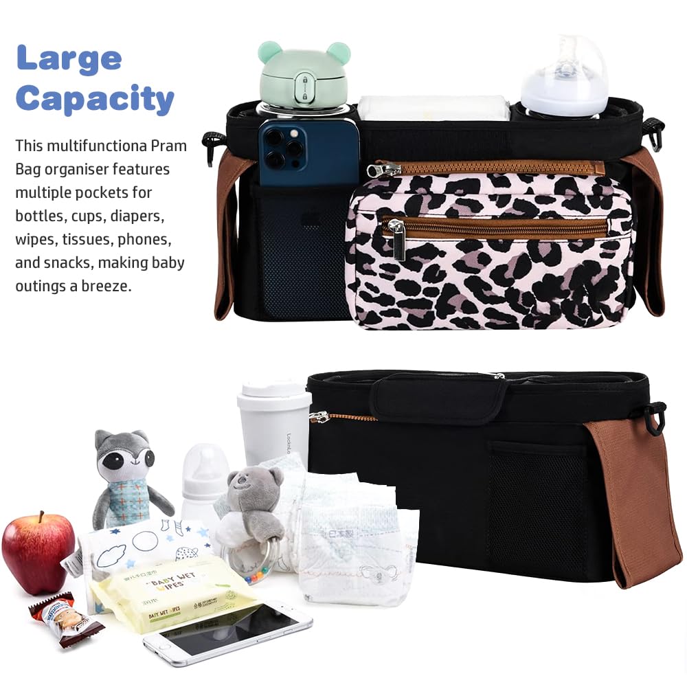 KLERICER Leopard stroller organizer with two insulated cup holders for bottles.