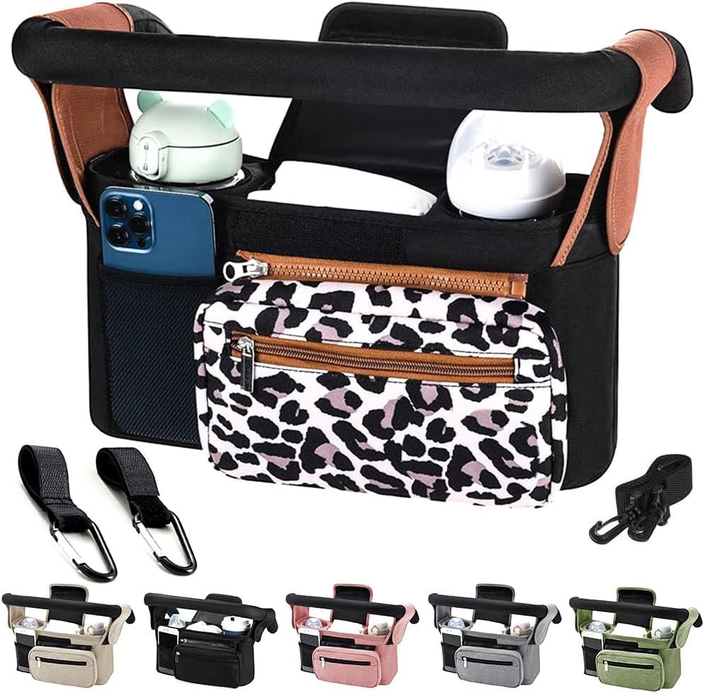 KLERICER Leopard stroller organizer full view showing six-pocket layout for essentials.