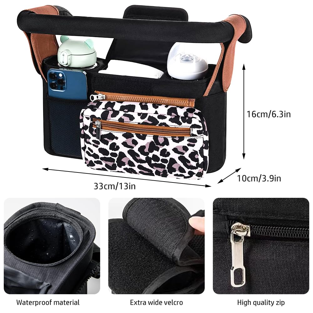 KLERICER Leopard stroller organizer in-use on a pram during a family outing.