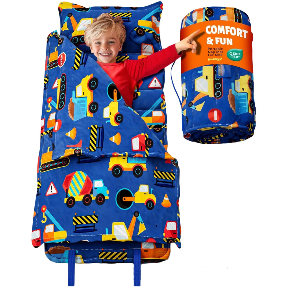 Klevly nap mat construction theme cover showing durable, kid-friendly design for preschool naps.