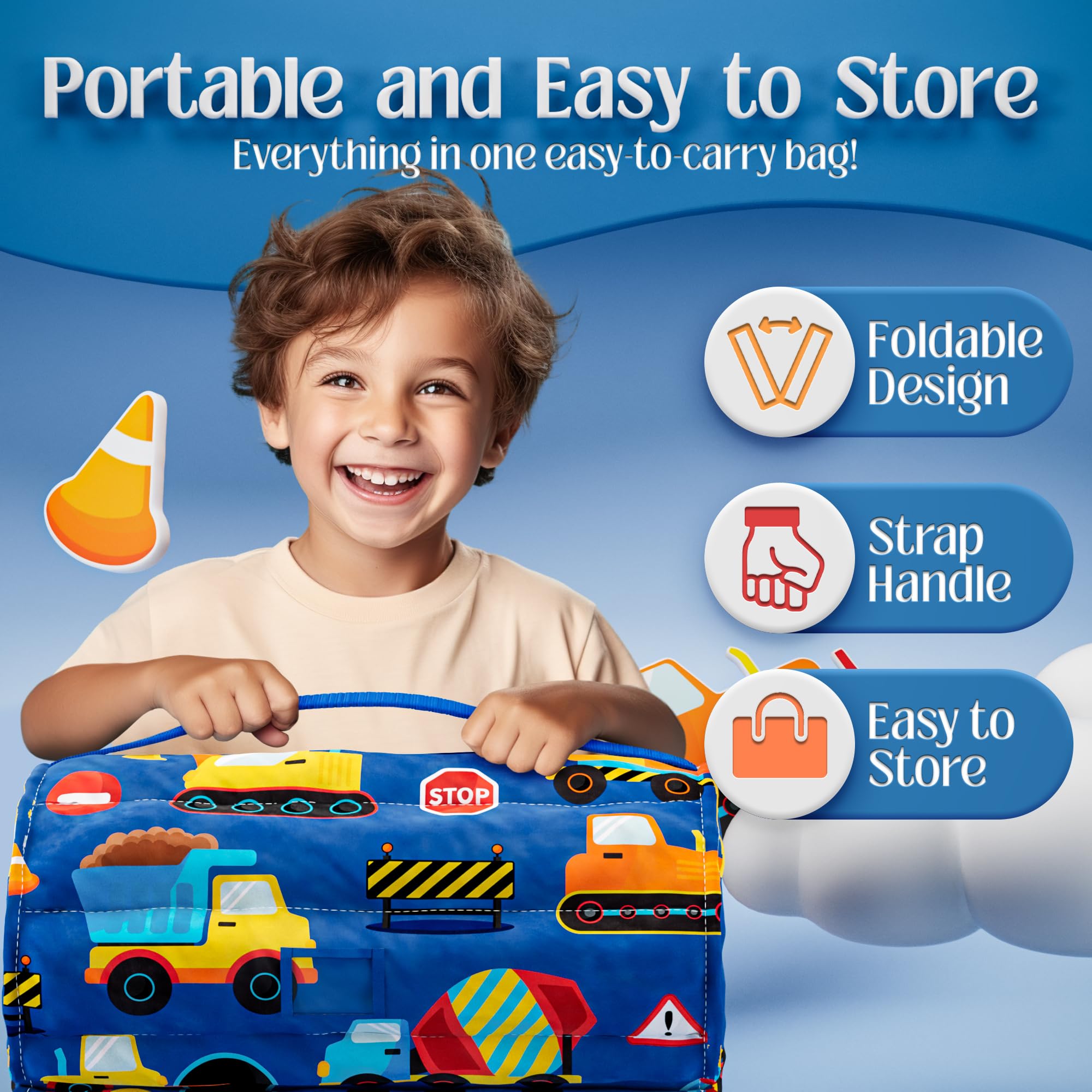 Klevly nap mat construction-theme safety materials reassure caregivers during nap time.