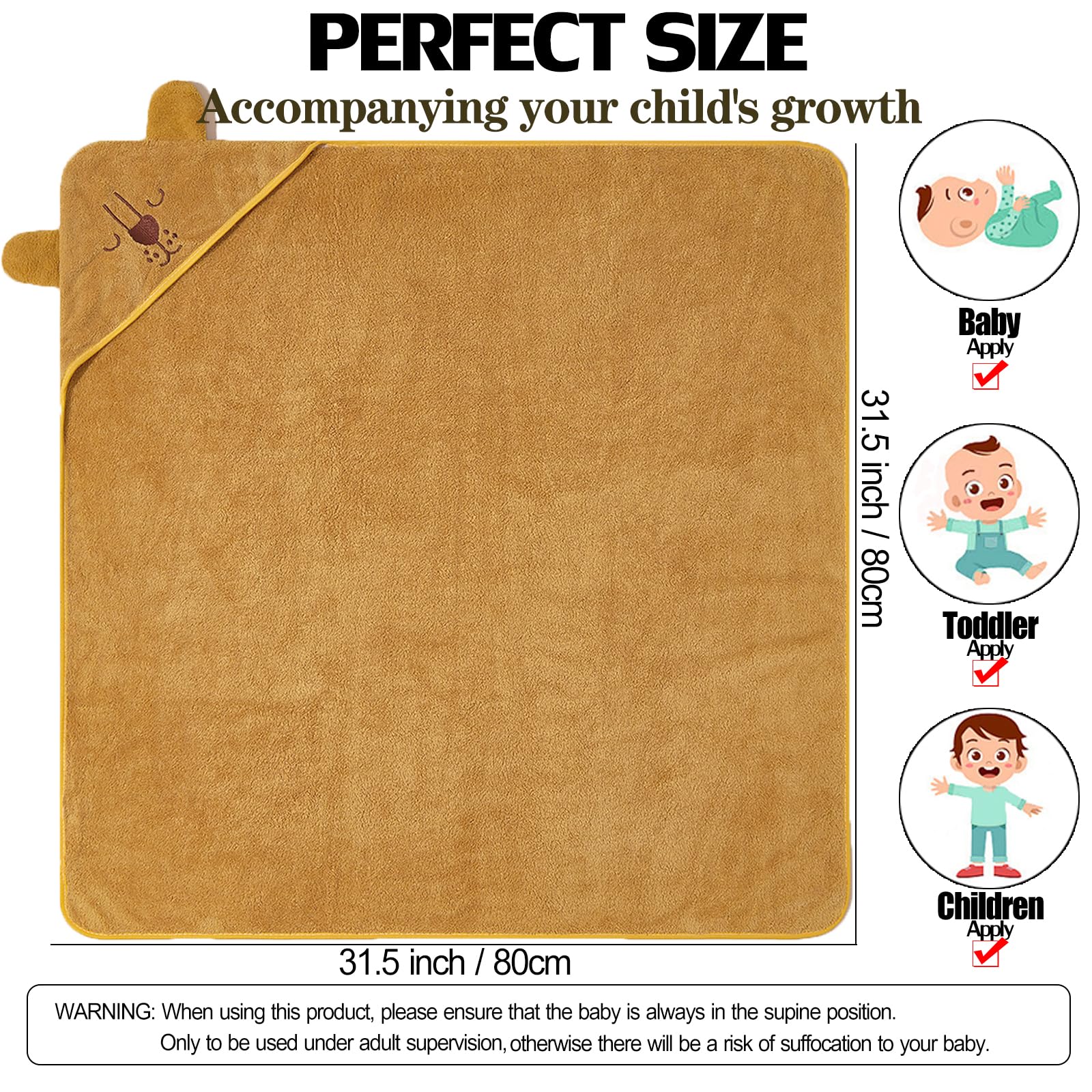 KLHYIT hooded towel 31.5x31.5 inch square provides generous coverage.