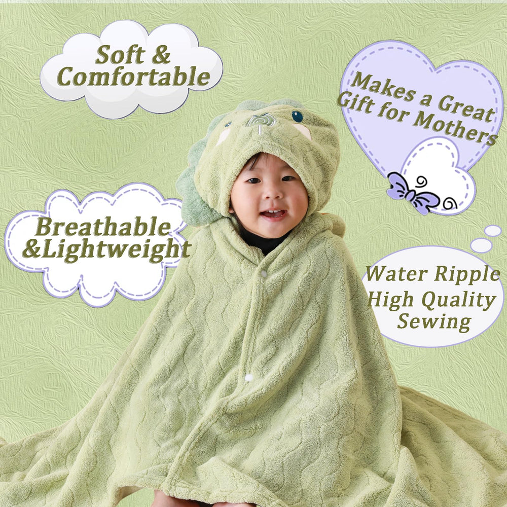 KLHYIT green dinosaur hoodie towel image highlights full-body coverage after baths.