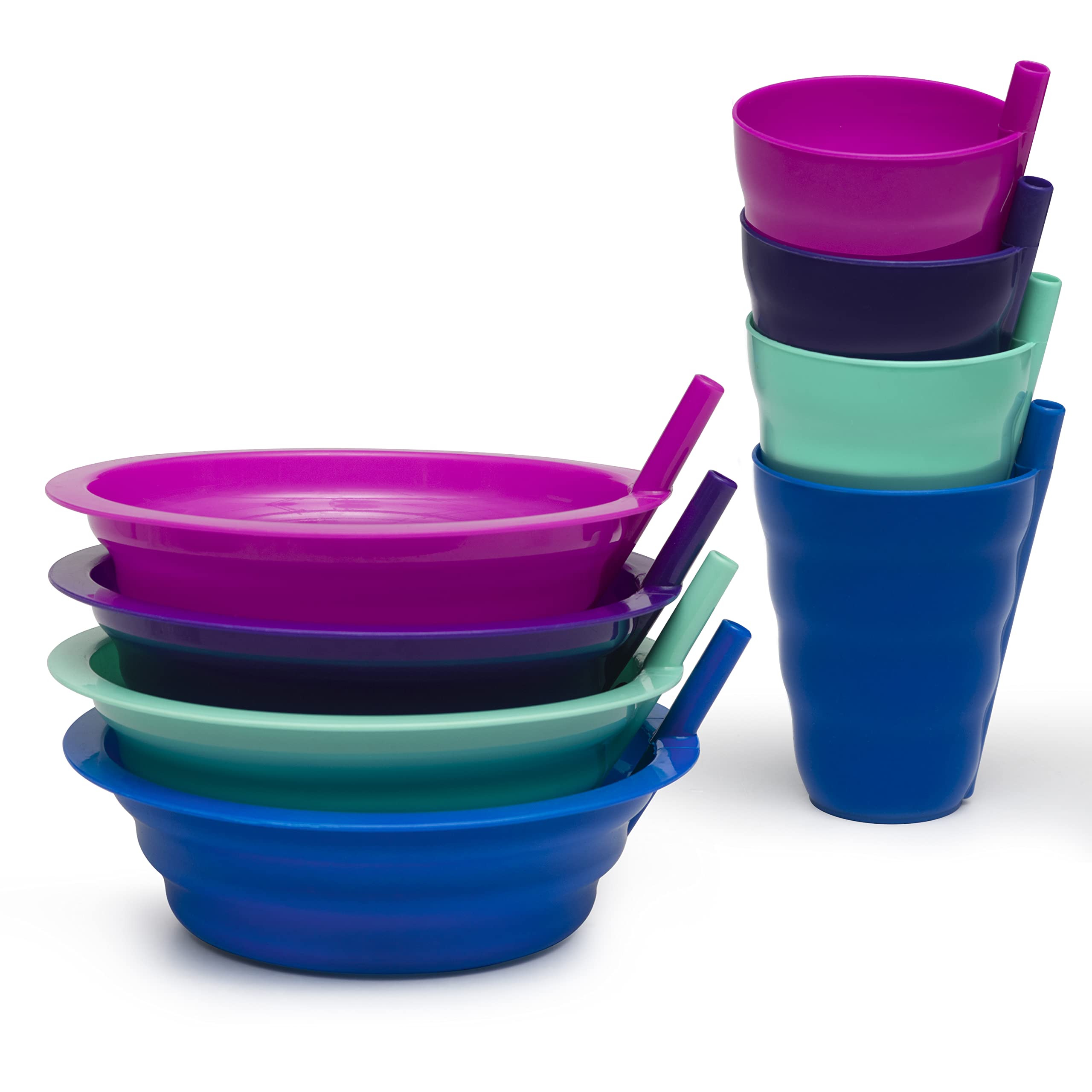 Klickpick Home cereal bowls with built-in straws for mess-free toddler meals.