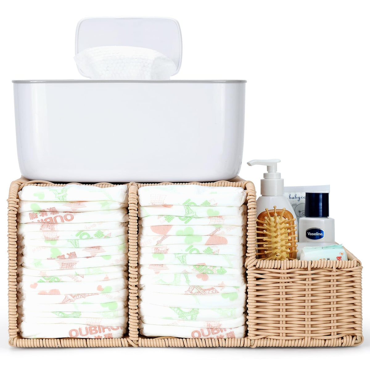 Klippehop Diaper Caddy handwoven rattan compartments for organized nursery essentials