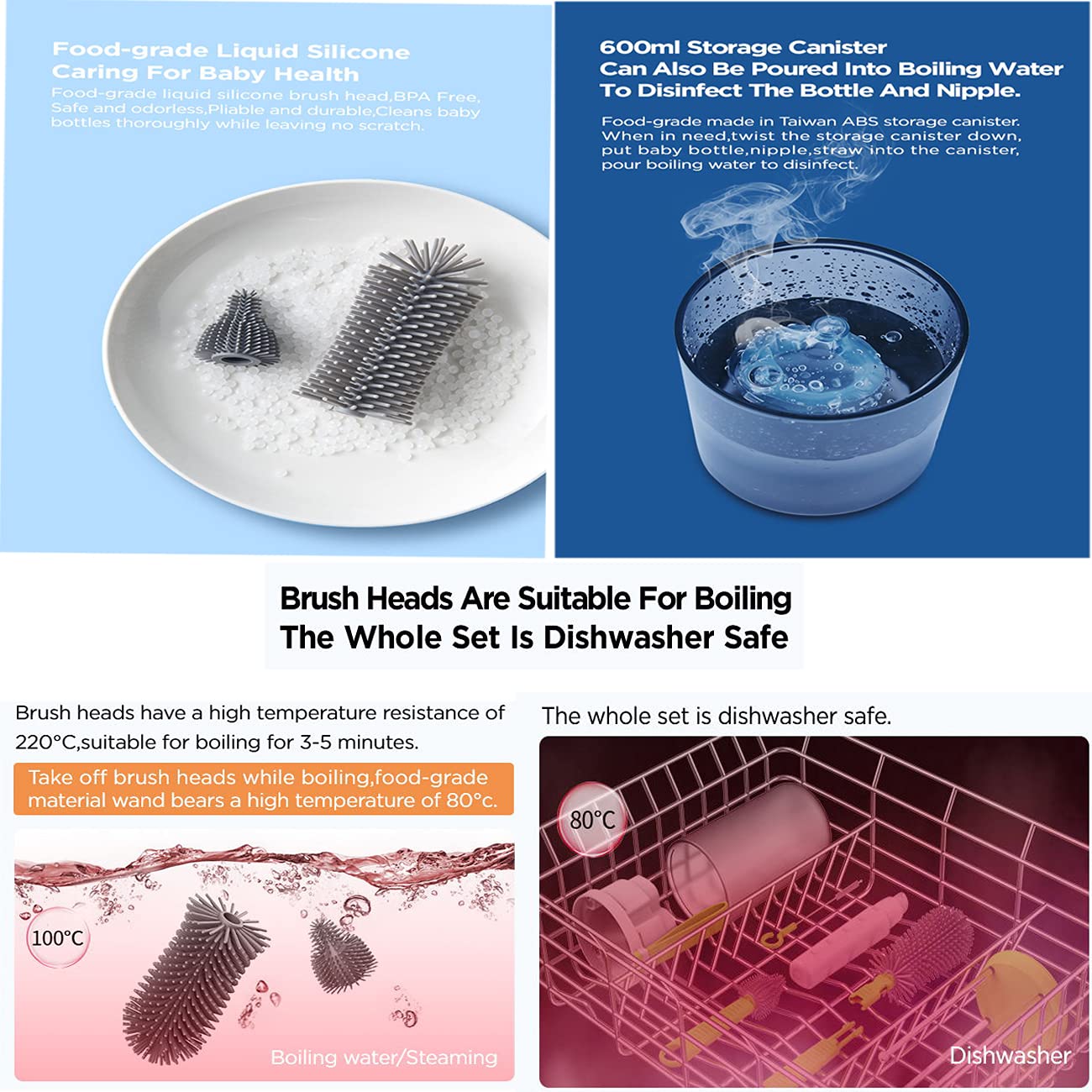KlirAir bottle brush set close-up with silicone brushes for safe cleaning