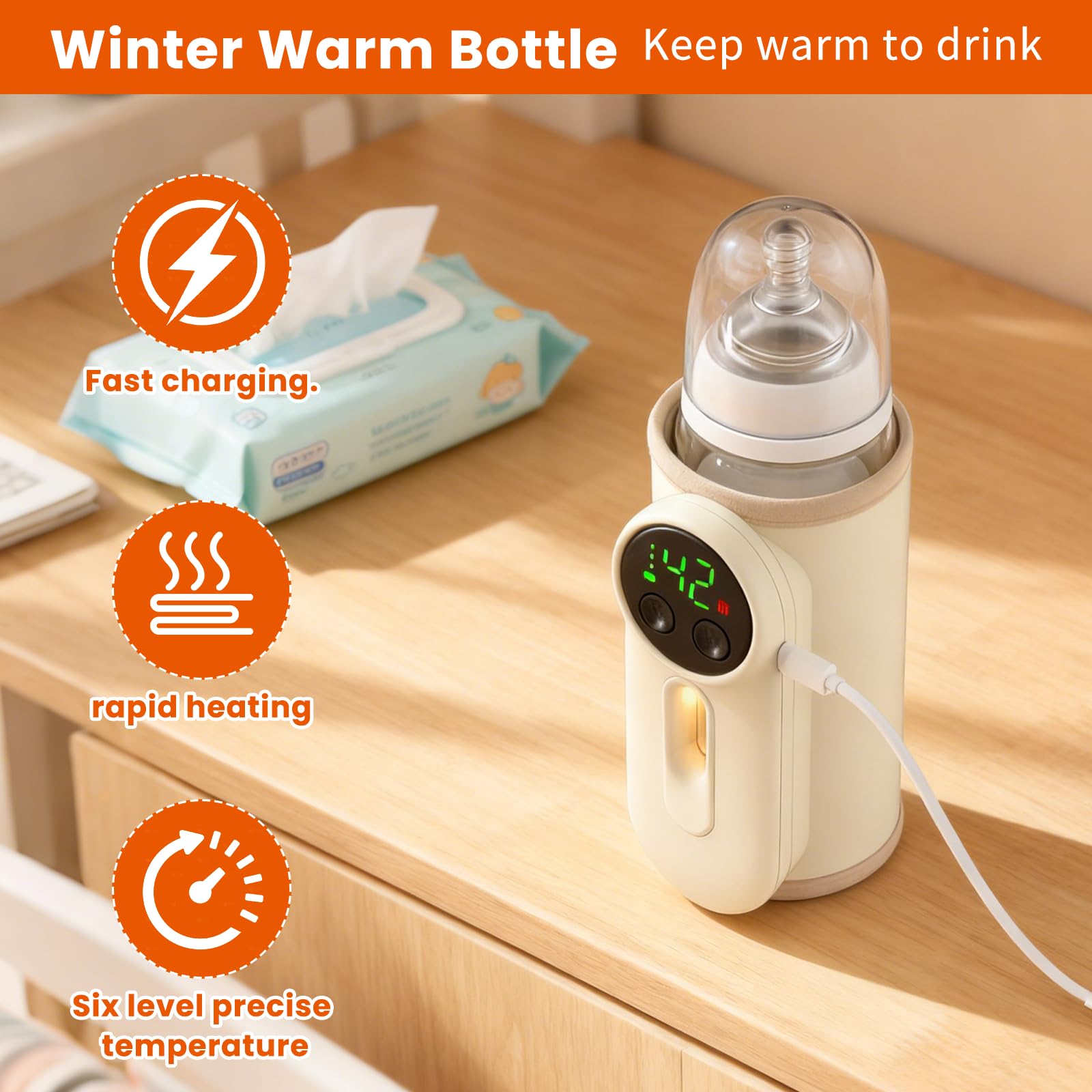 KLOMBIO bottle warmer built-in 8000mAh battery delivers 5-8 hours of warmth.