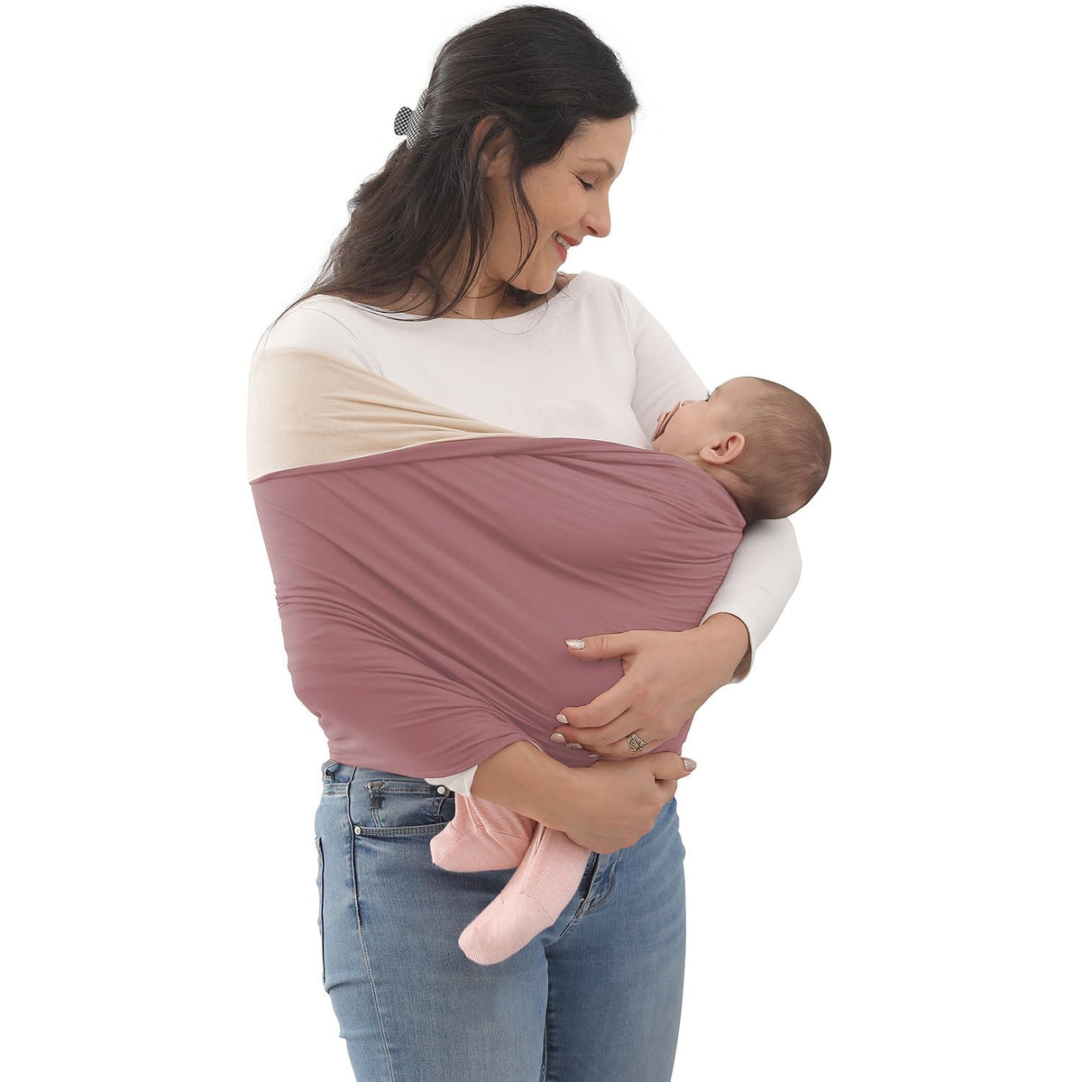 Kloovete baby wrap carrier in soft-stretch fabric supports bonding comfort