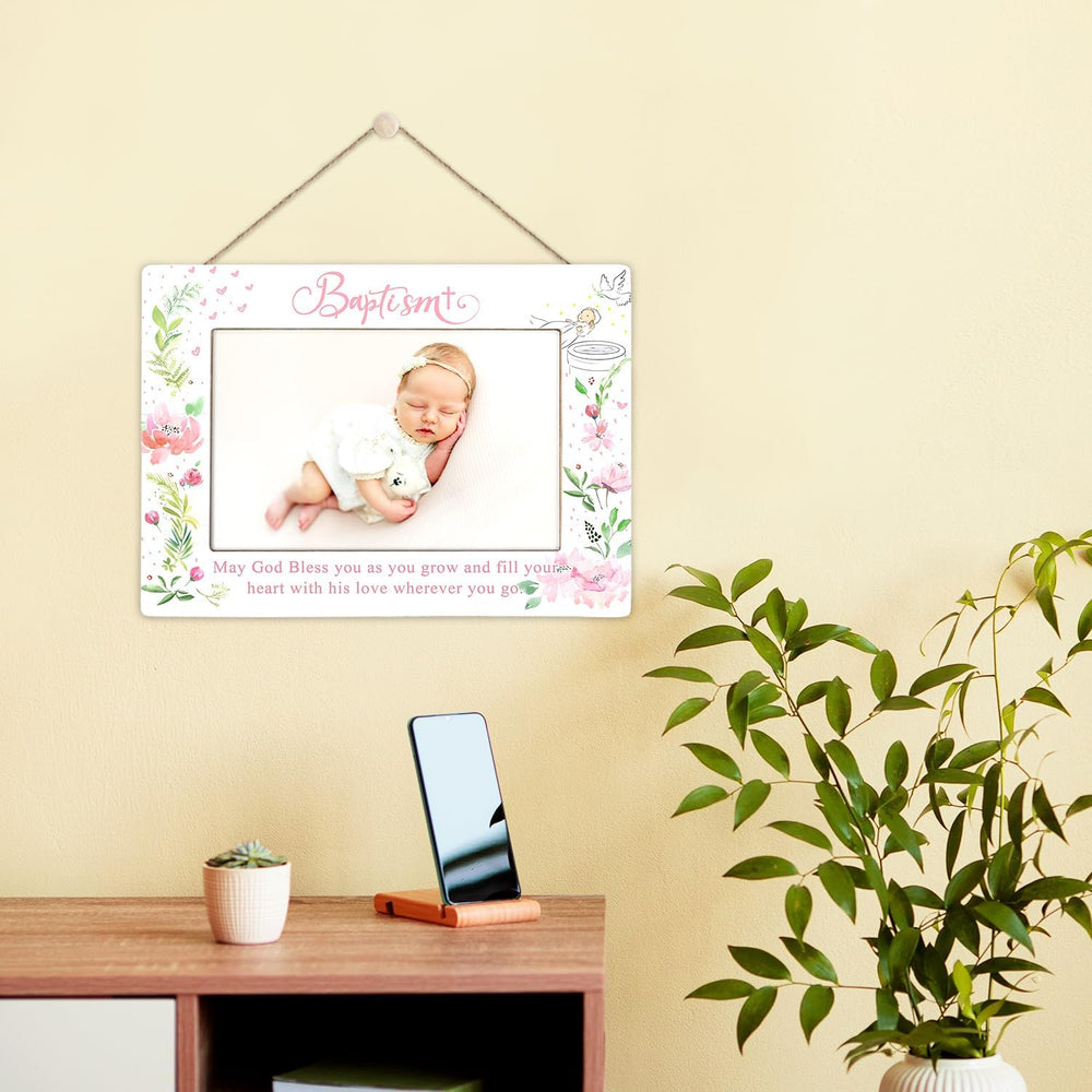 KLYTINK baptism frame dimensions 8x5 fits neatly on shelves or desks.