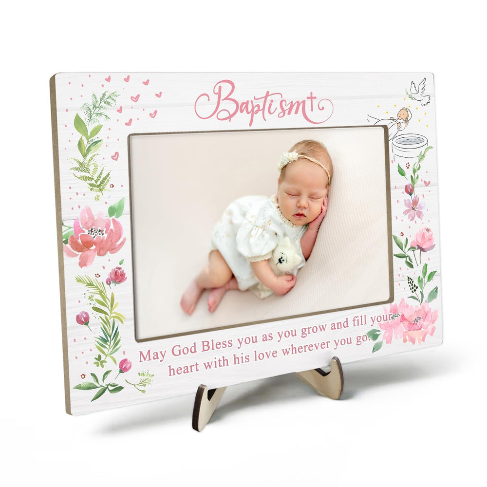 KLYTINK baptism frame pink 4x6 holds baby's baptism photo for cherished memories.